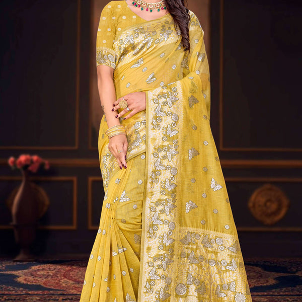Sangam Prints Mustard Yellow Cotton Blend Woven Work Traditional Saree - Dista