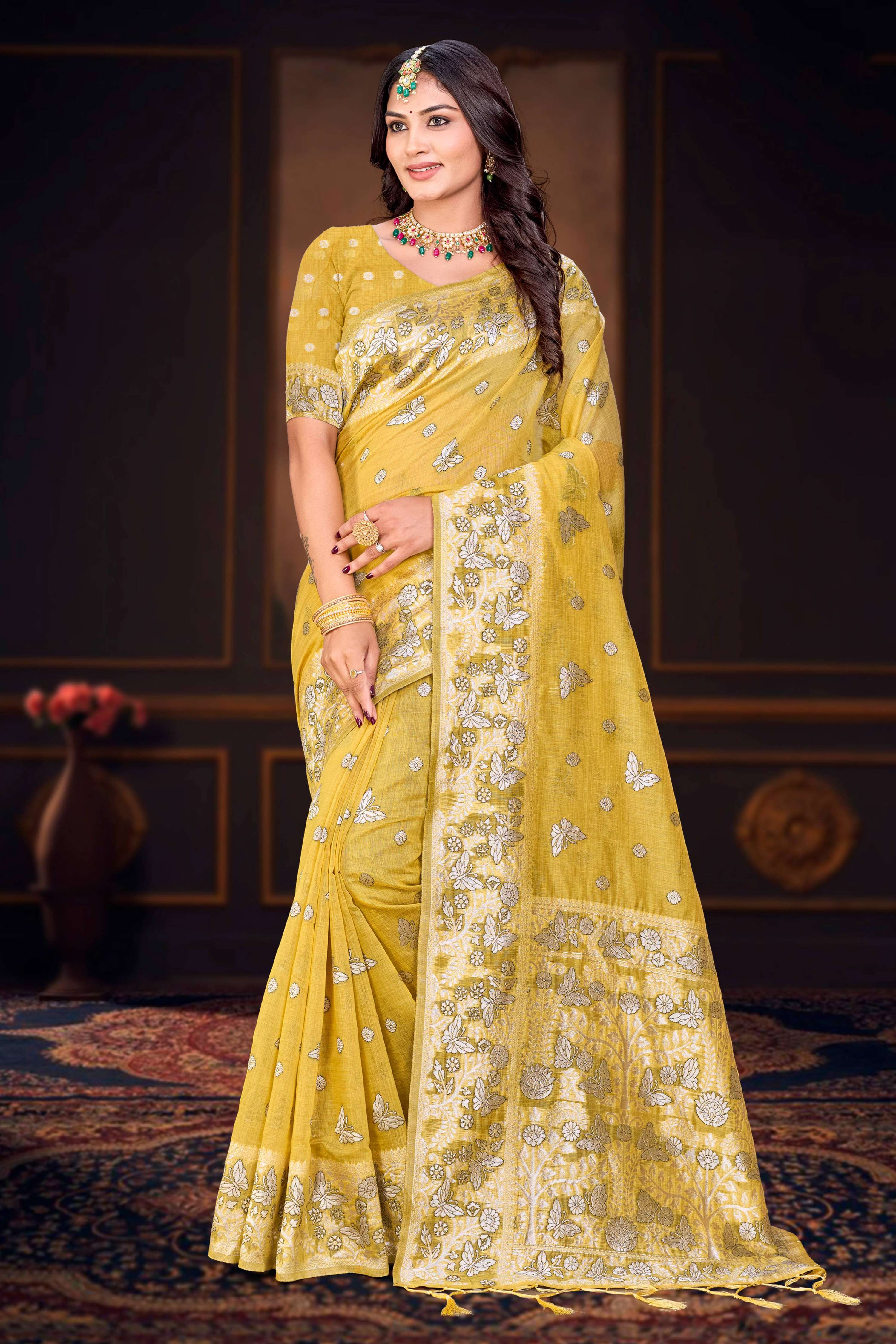 Sangam Prints Mustard Yellow Cotton Blend Woven Work Traditional Saree - Dista