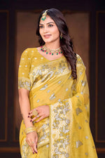 Thumbnail for Sangam Prints Mustard Yellow Cotton Blend Woven Work Traditional Saree - Dista