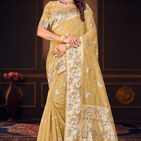 Sangam Prints Dusty Mustard Cotton Blend Woven Work Traditional Saree - Dista