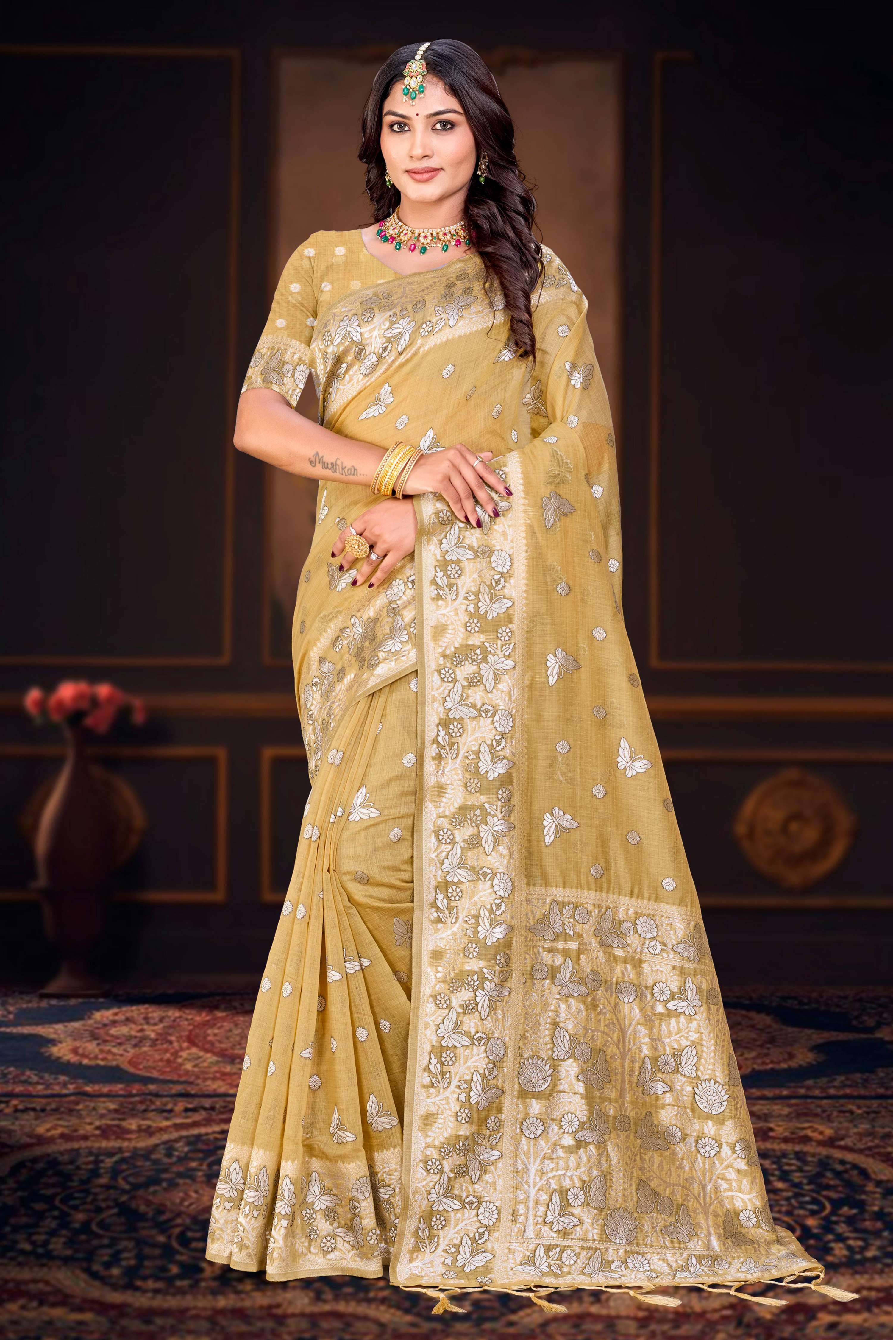 Sangam Prints Dusty Mustard Cotton Blend Woven Work Traditional Saree - Dista