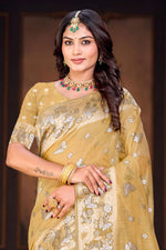 Thumbnail for Sangam Prints Dusty Mustard Cotton Blend Woven Work Traditional Saree - Dista