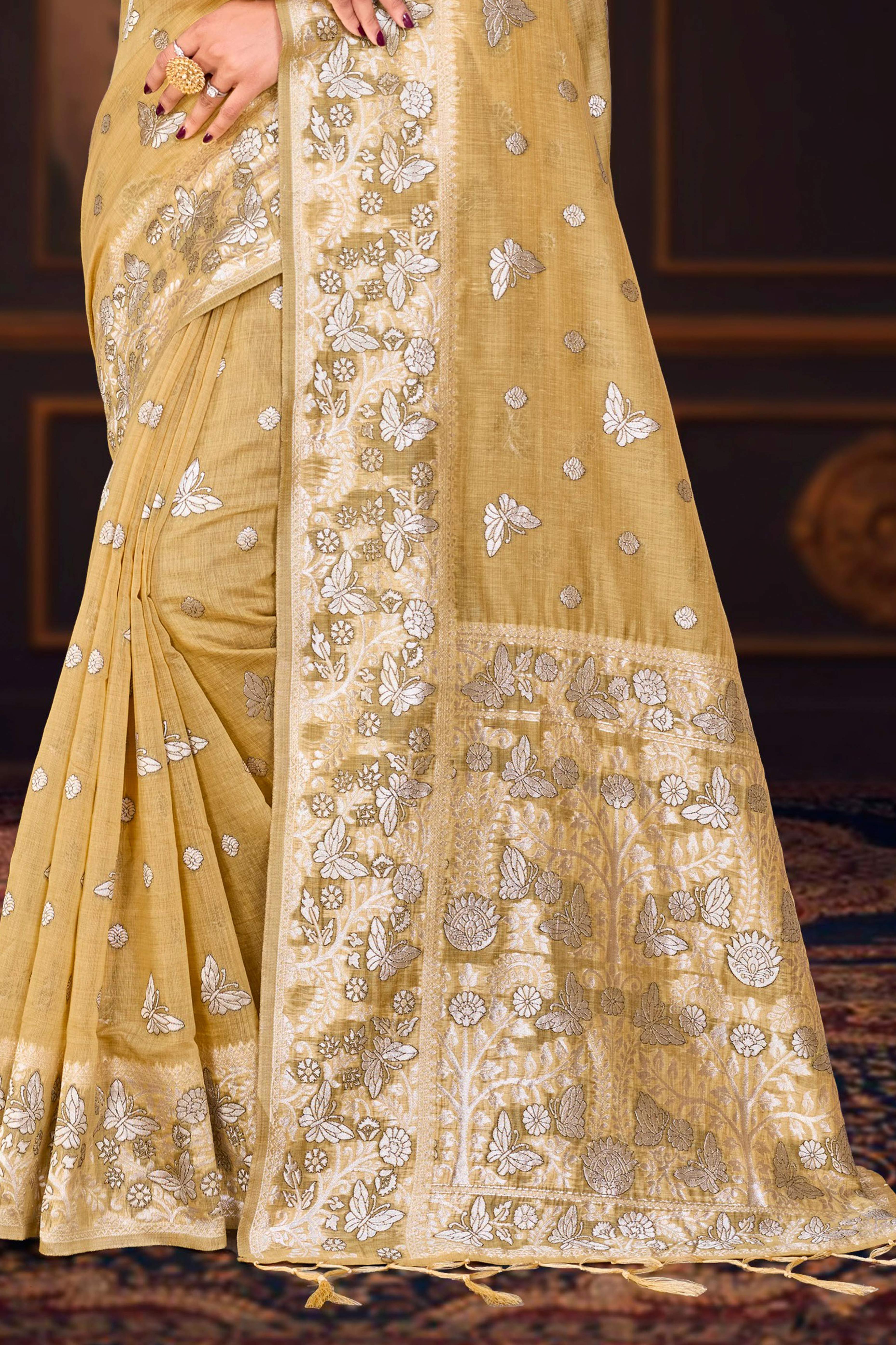 Sangam Prints Dusty Mustard Cotton Blend Woven Work Traditional Saree - Dista