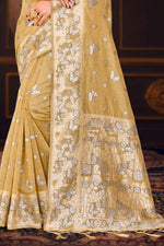 Thumbnail for Sangam Prints Dusty Mustard Cotton Blend Woven Work Traditional Saree - Dista