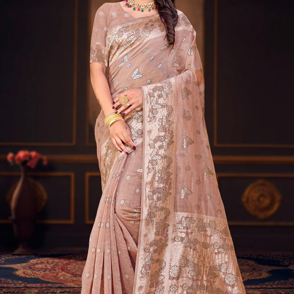 Sangam Prints Dusty Rose Cotton Blend Woven Work Traditional Saree - Dista