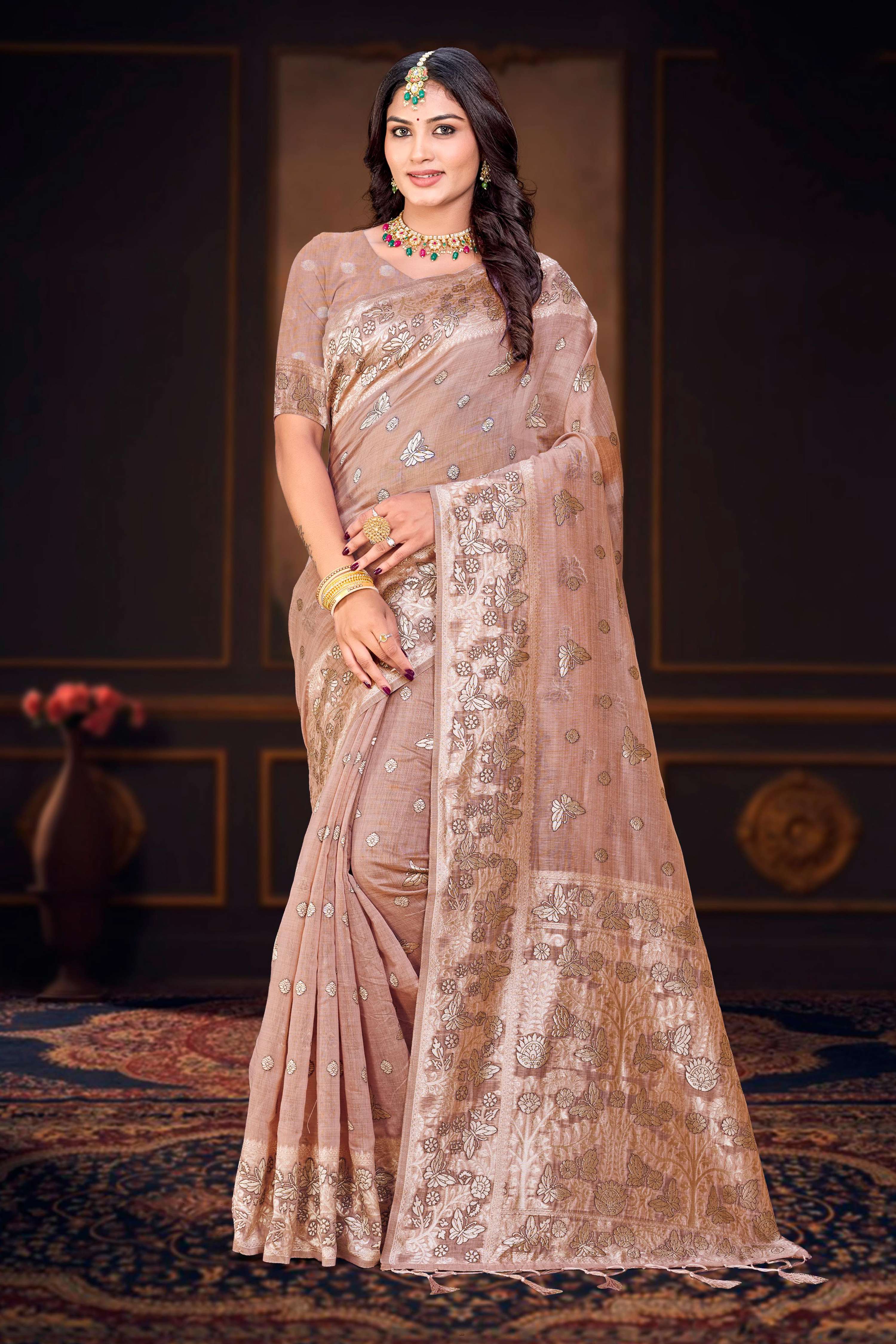 Sangam Prints Dusty Rose Cotton Blend Woven Work Traditional Saree - Dista