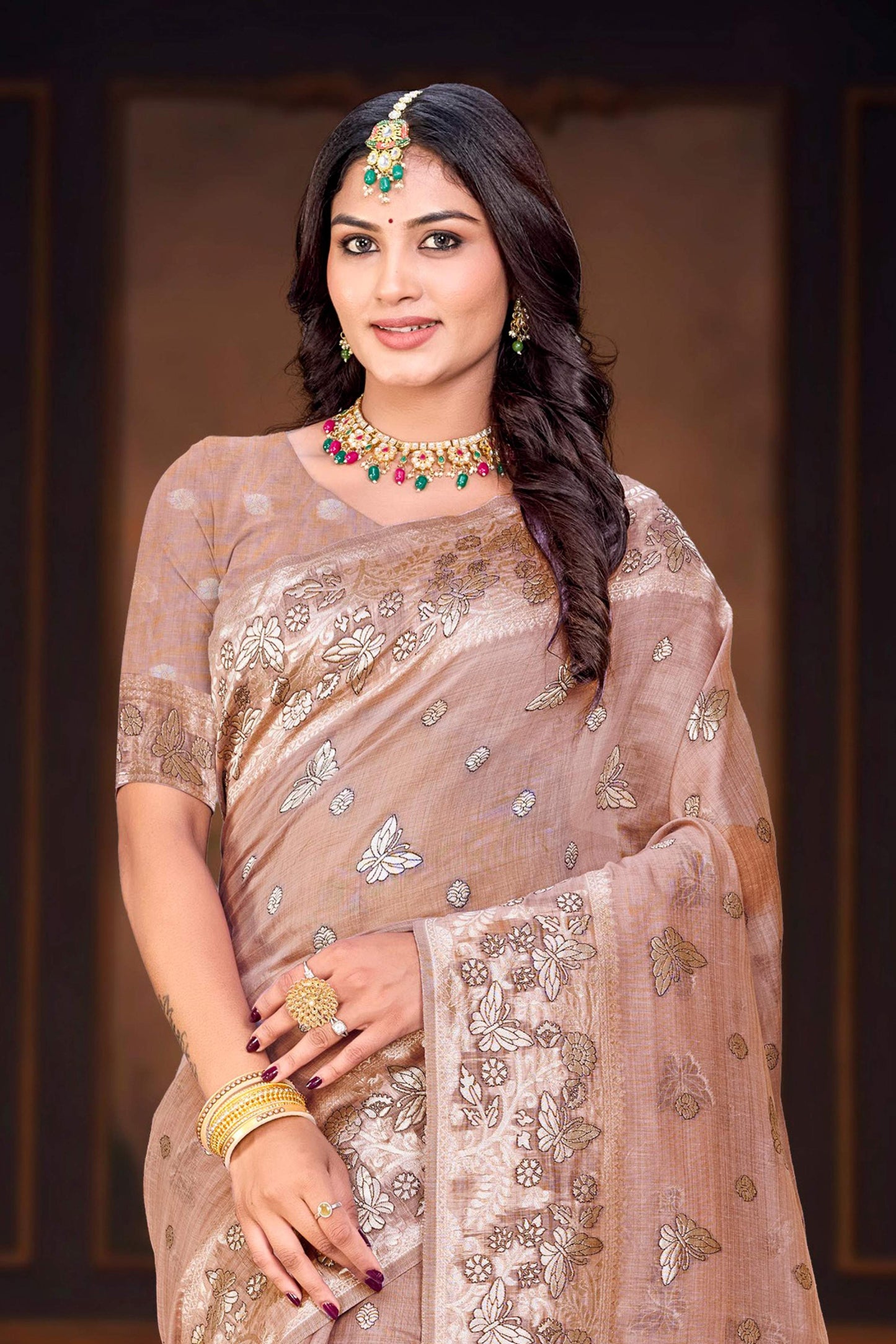 Sangam Prints Dusty Rose Cotton Blend Woven Work Traditional Saree - Dista