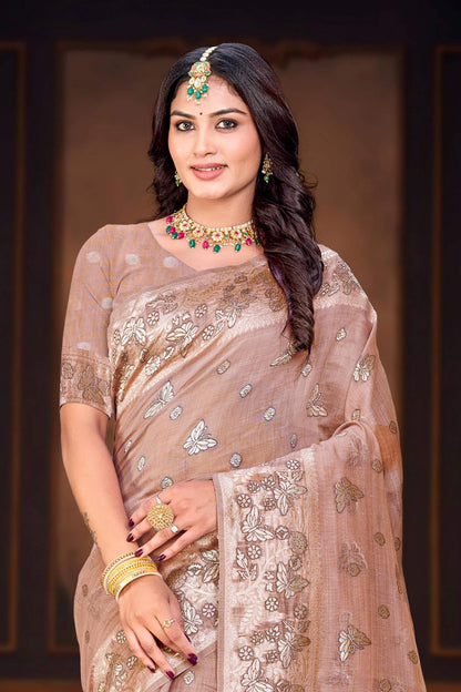 Sangam Prints Dusty Rose Cotton Blend Woven Work Traditional Saree - Dista