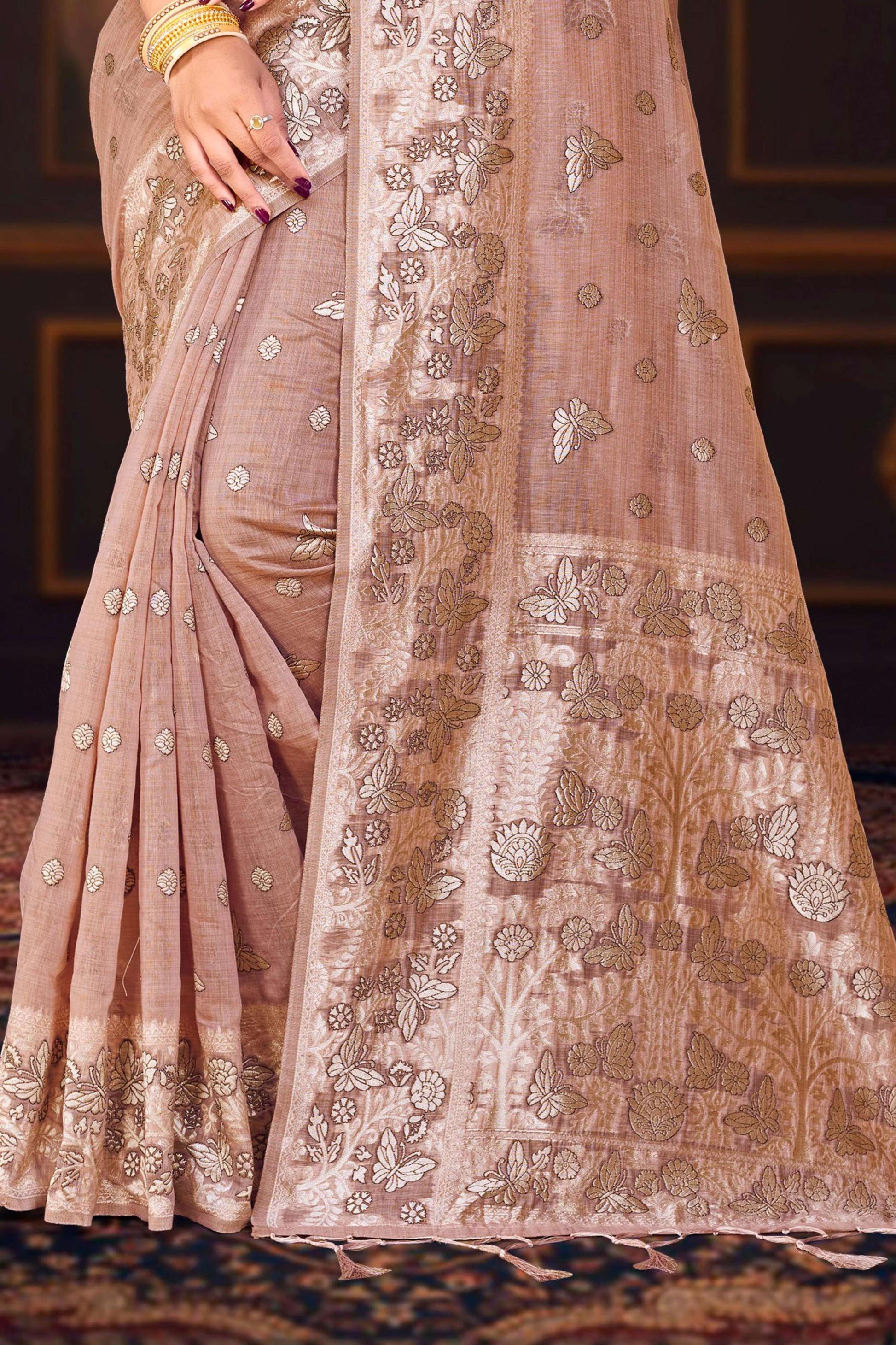Sangam Prints Dusty Rose Cotton Blend Woven Work Traditional Saree - Dista