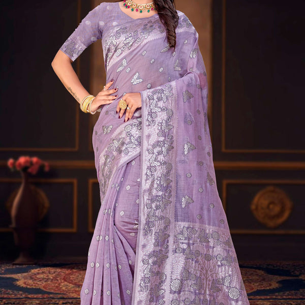 Sangam Prints Lavender Purple Cotton Blend Woven Work Traditional Saree - Dista