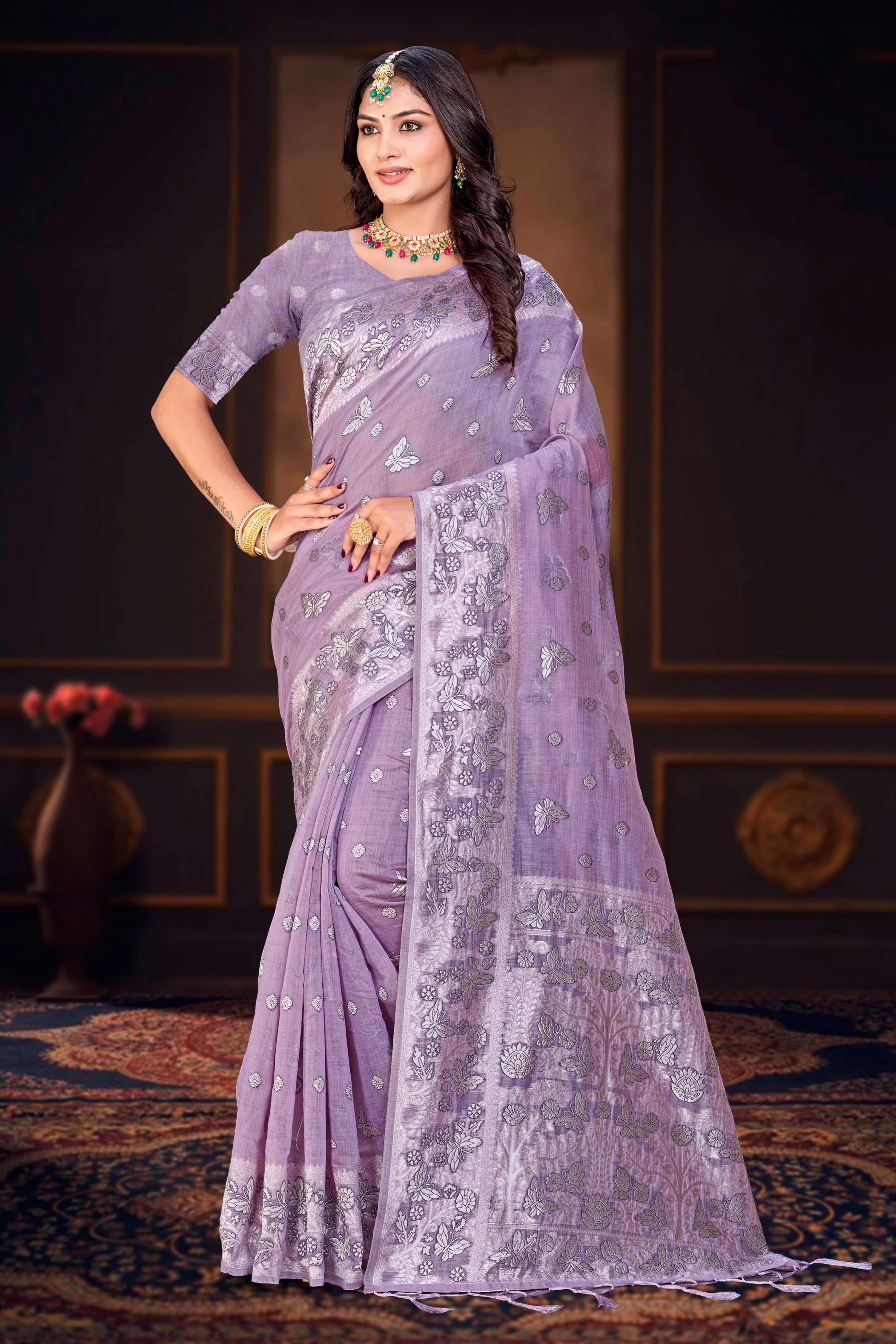 Sangam Prints Lavender Purple Cotton Blend Woven Work Traditional Saree - Dista