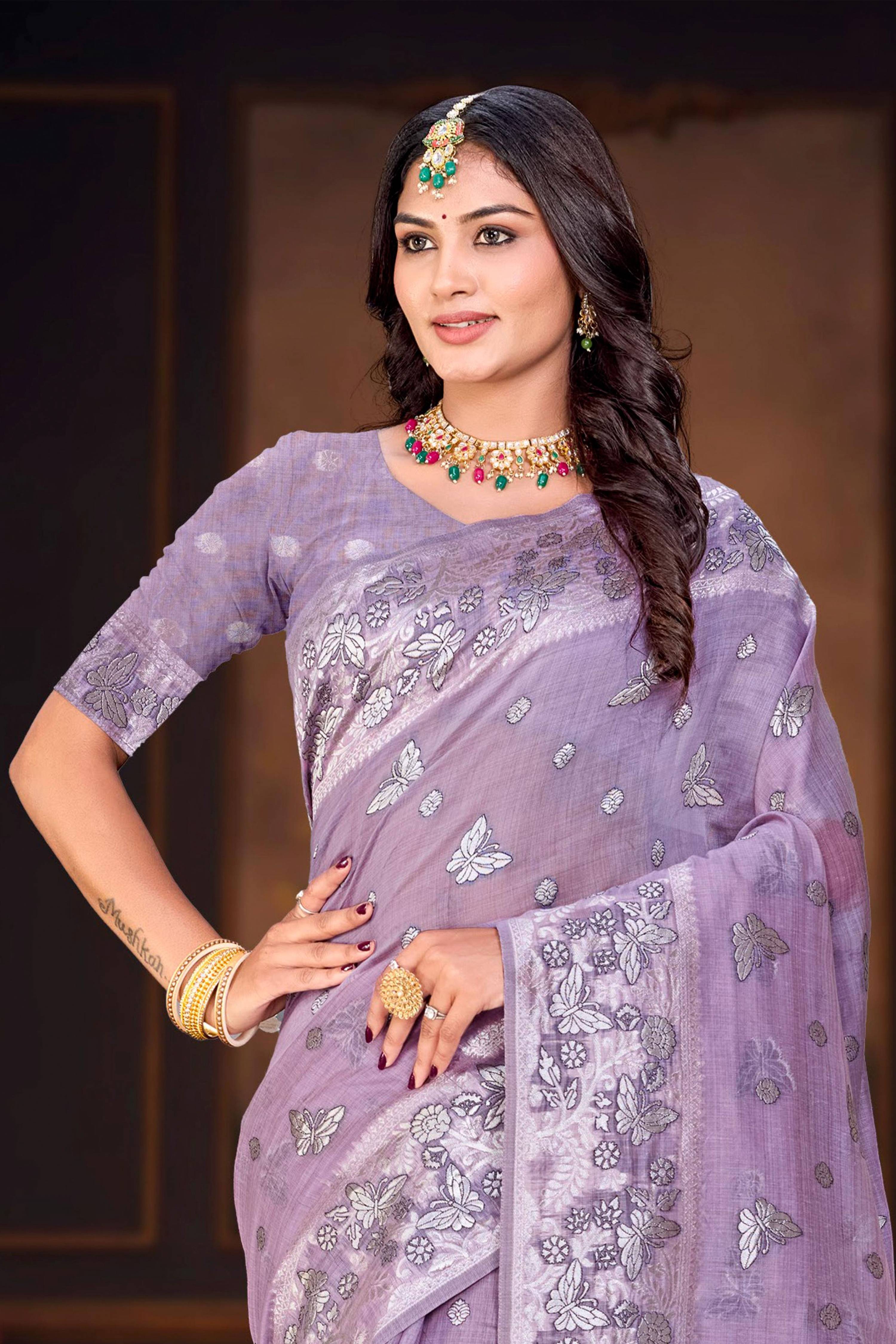 Sangam Prints Lavender Purple Cotton Blend Woven Work Traditional Saree - Dista