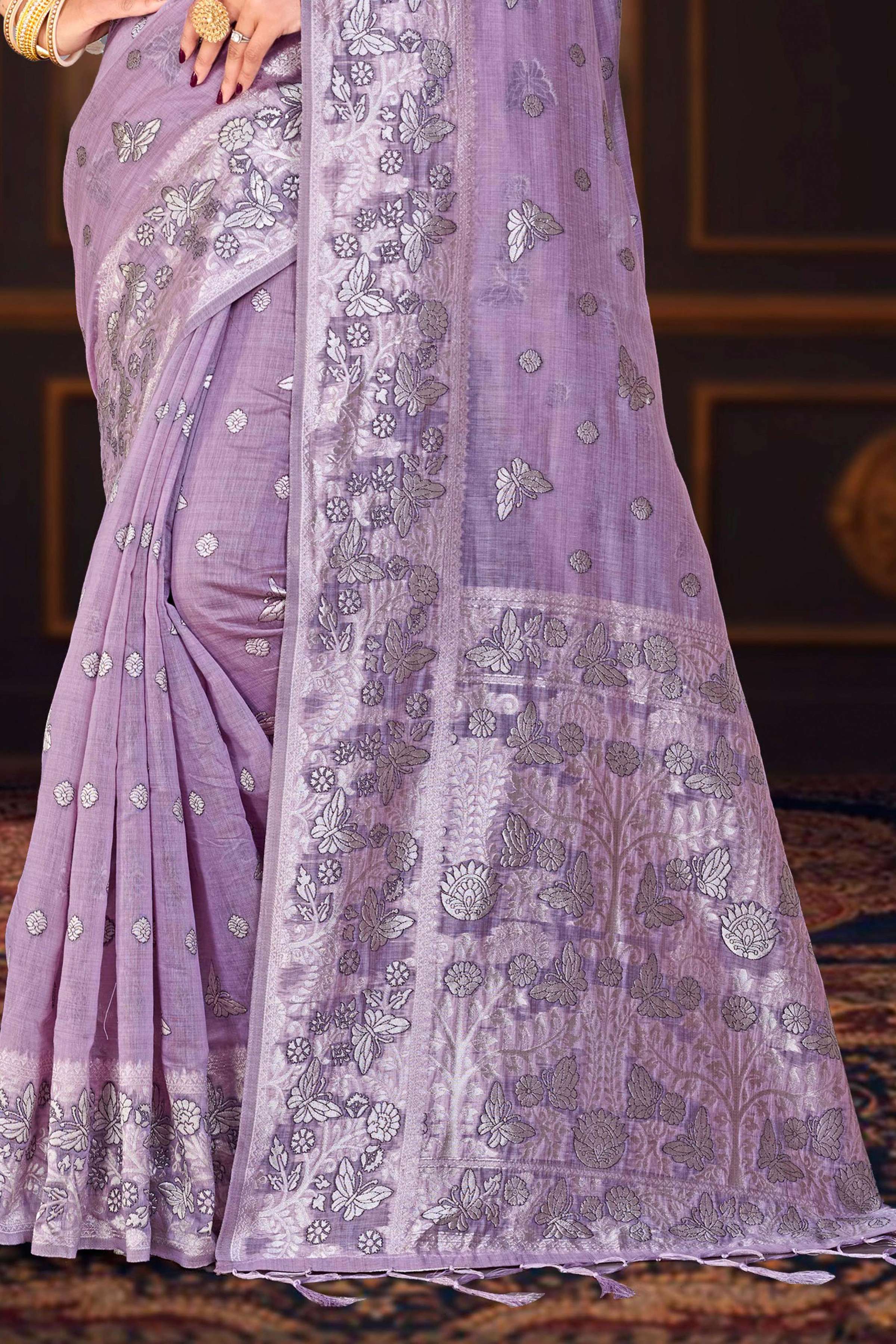 Sangam Prints Lavender Purple Cotton Blend Woven Work Traditional Saree - Dista