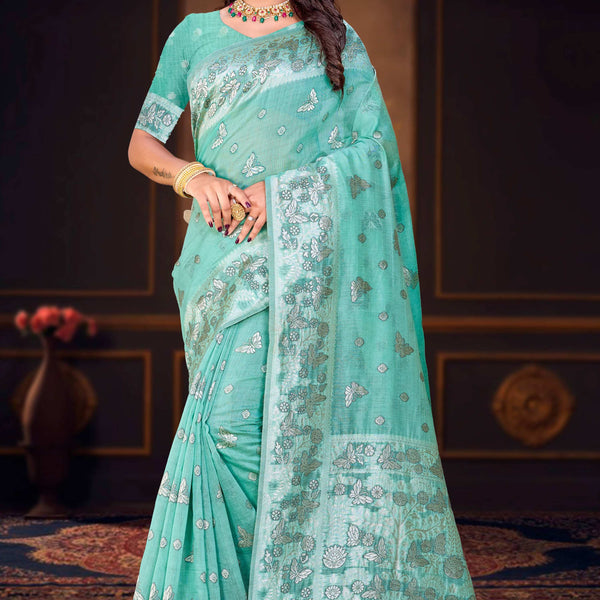 Sangam Prints Aqua Green Cotton Blend Woven Work Traditional Saree - Dista