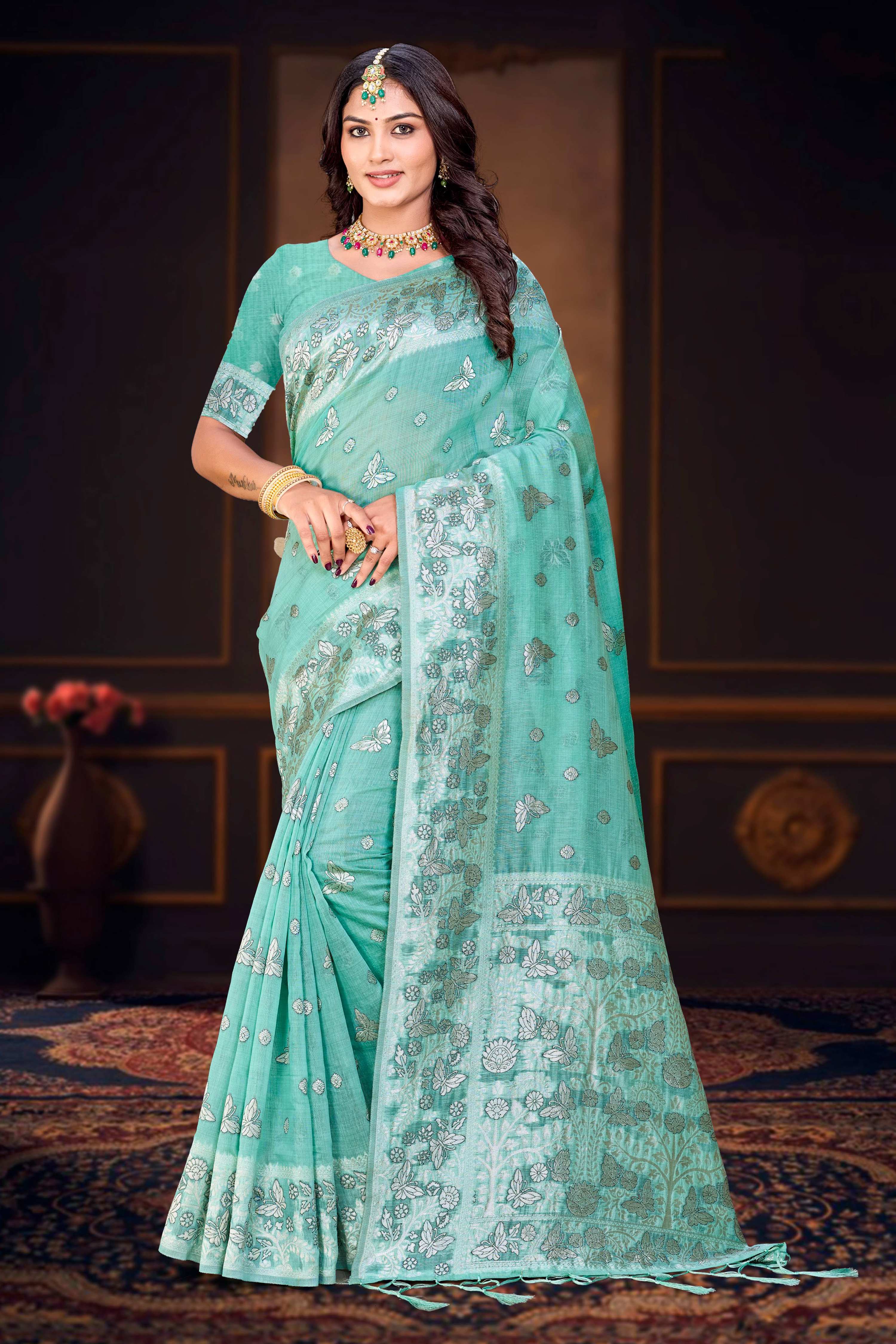 Sangam Prints Aqua Green Cotton Blend Woven Work Traditional Saree - Dista
