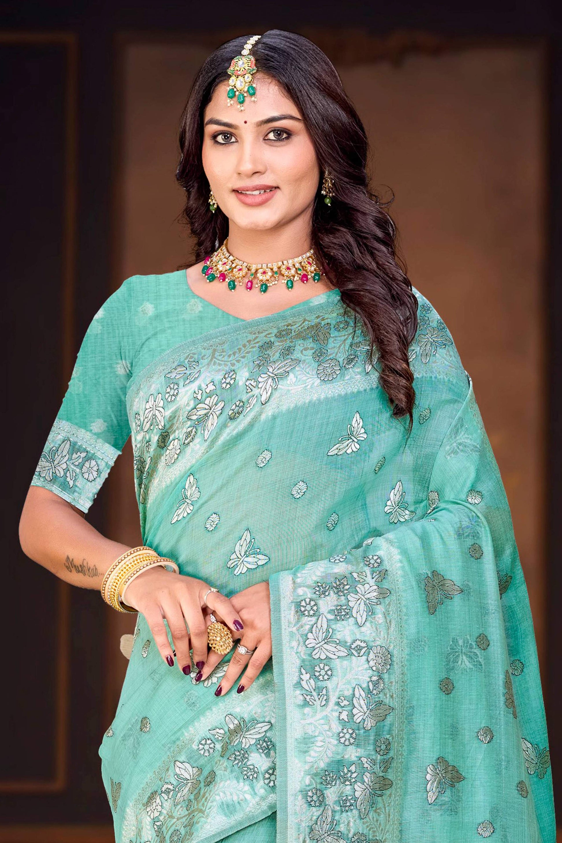Sangam Prints Aqua Green Cotton Blend Woven Work Traditional Saree - Dista