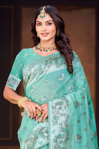 Sangam Prints Aqua Green Cotton Blend Woven Work Traditional Saree - Dista