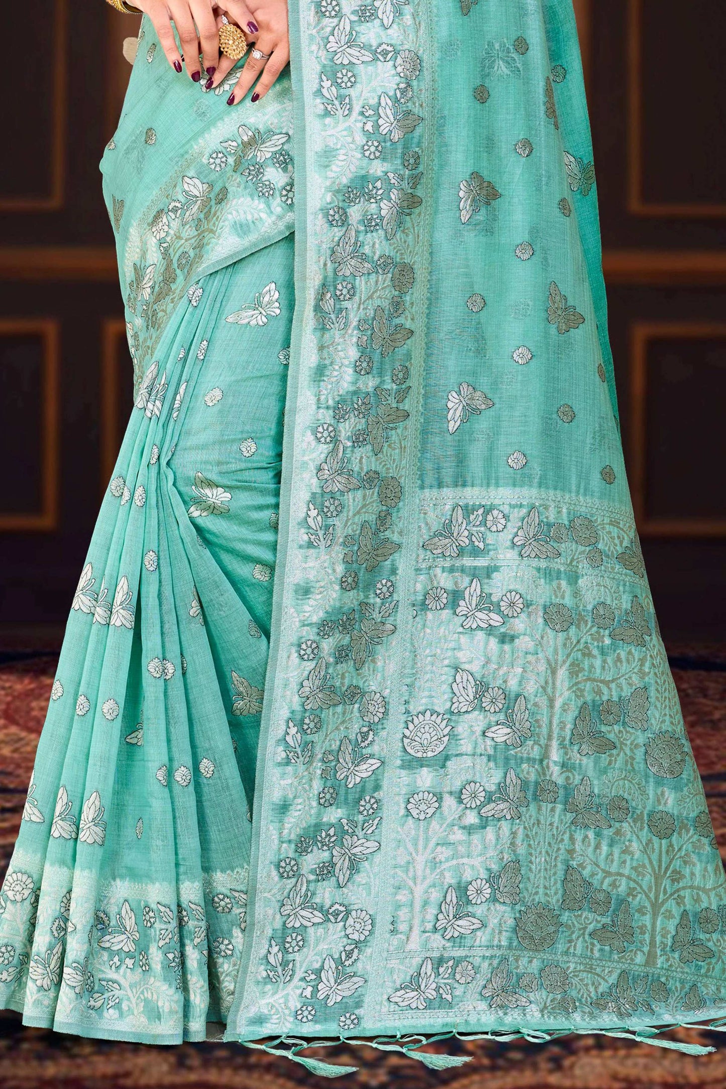 Sangam Prints Aqua Green Cotton Blend Woven Work Traditional Saree - Dista