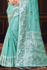 Thumbnail for Sangam Prints Aqua Green Cotton Blend Woven Work Traditional Saree - Dista