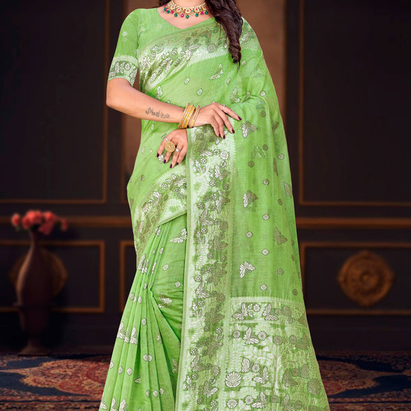 Sangam Prints Leaf Green Cotton Blend Woven Work Traditional Saree - Dista