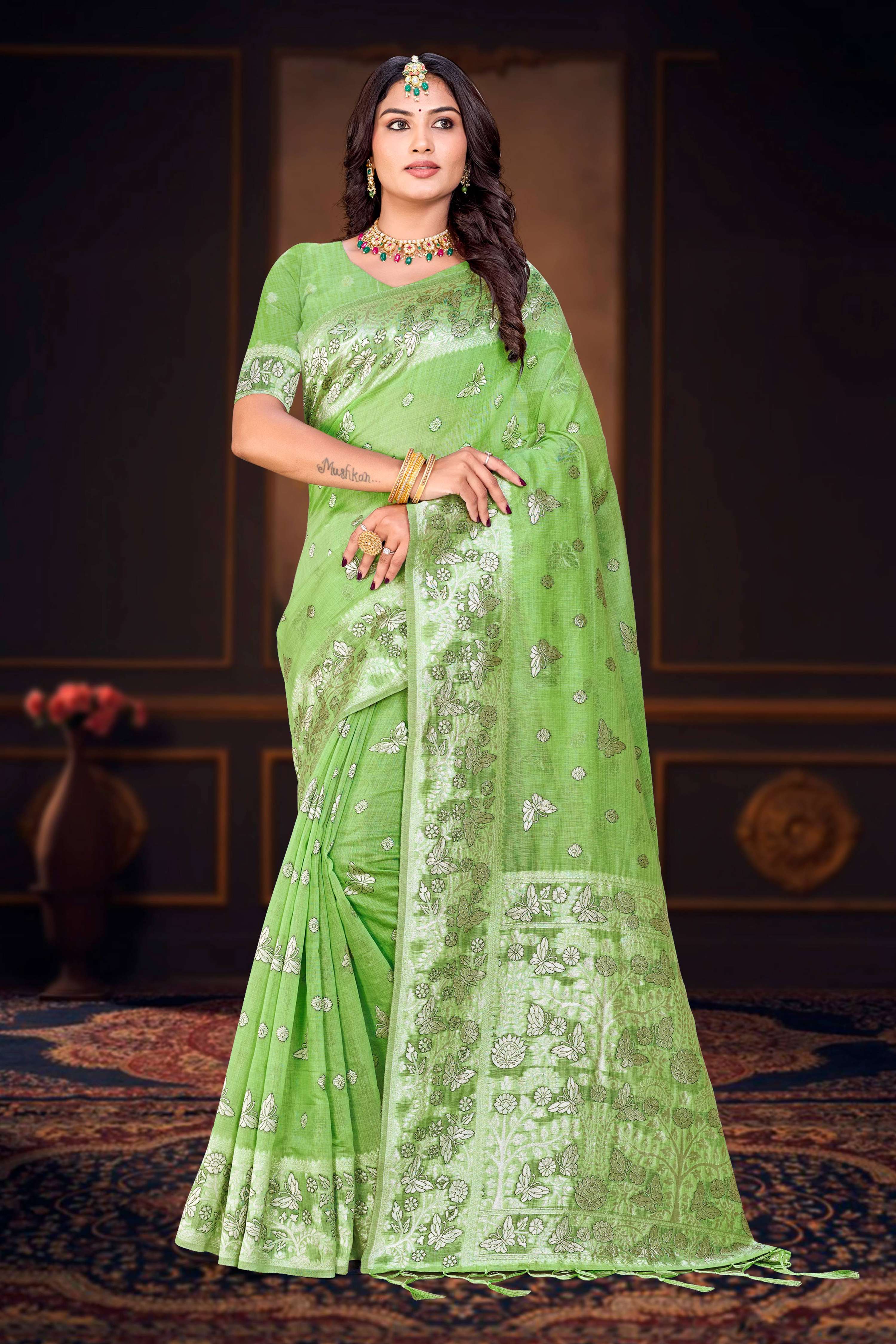 Sangam Prints Leaf Green Cotton Blend Woven Work Traditional Saree - Dista