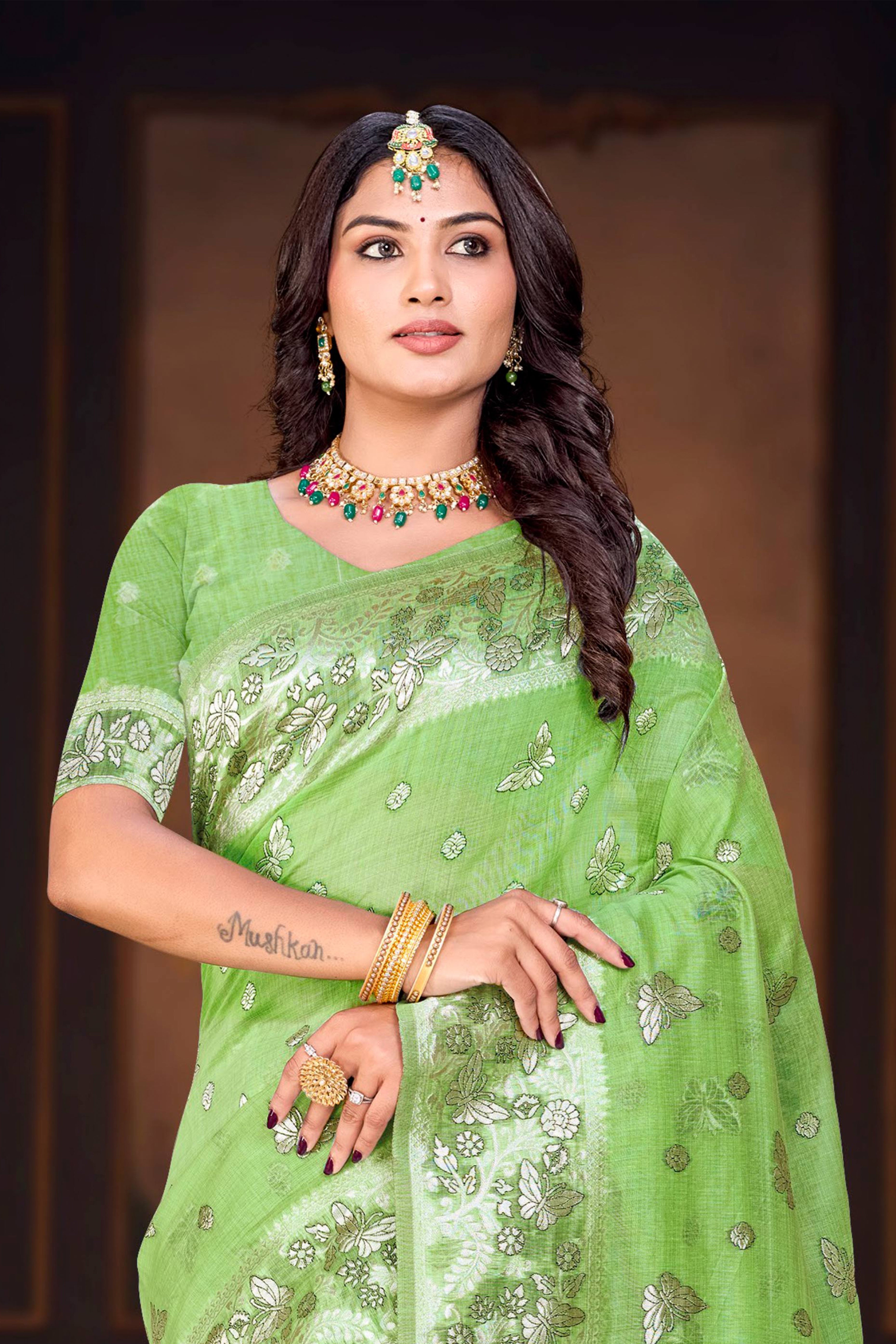Sangam Prints Leaf Green Cotton Blend Woven Work Traditional Saree - Dista