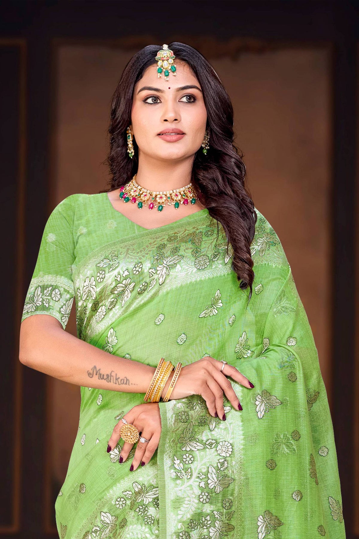 Sangam Prints Leaf Green Cotton Blend Woven Work Traditional Saree - Dista