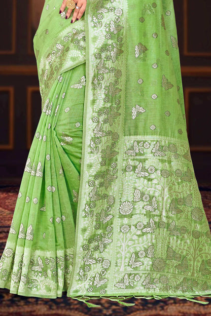 Sangam Prints Leaf Green Cotton Blend Woven Work Traditional Saree - Dista