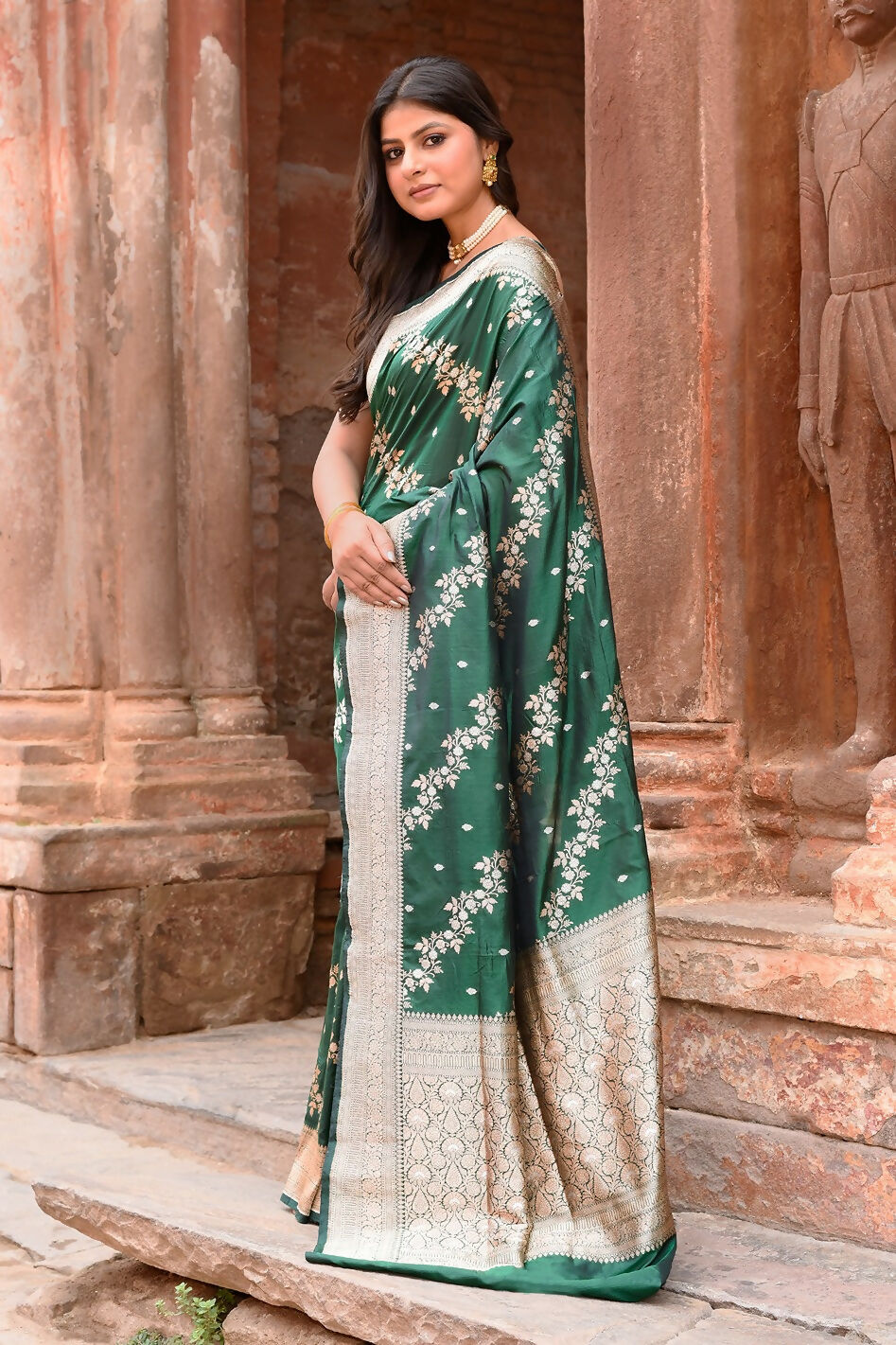 Joban Fashion Emerald Green Banarasi Katan Pure Handloom Banarasi Silk Saree
