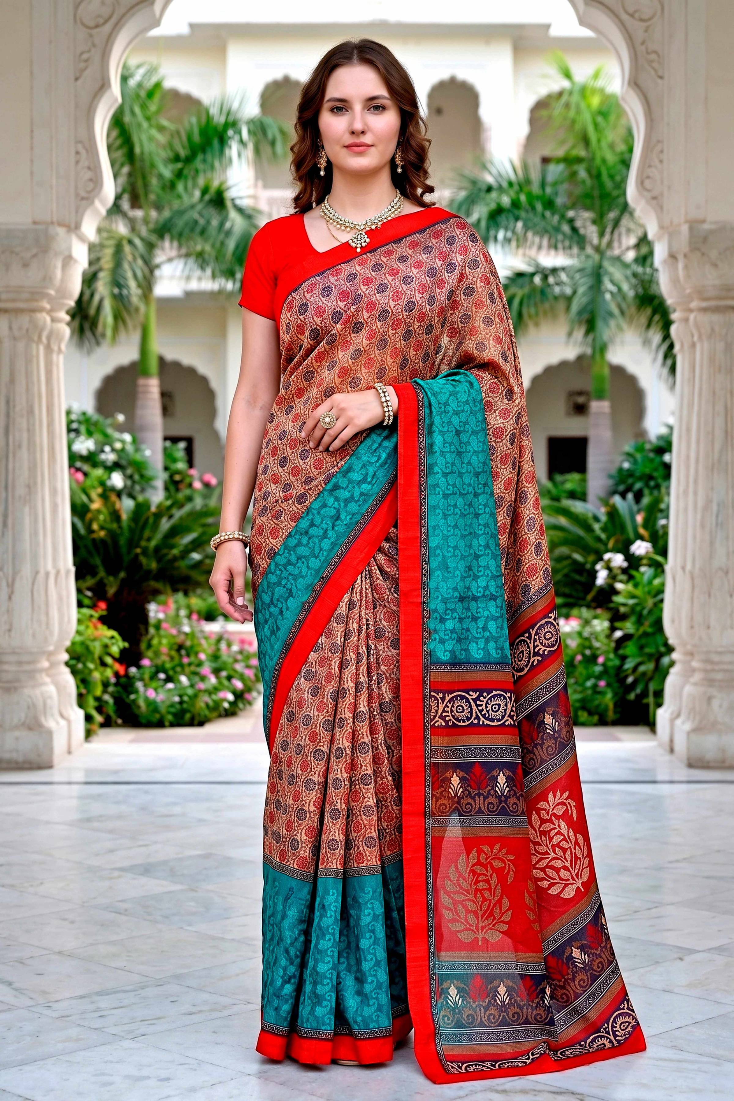 Sangam Prints Beige Teal Red Cotton Blend Woven Work Traditional Saree - Dista
