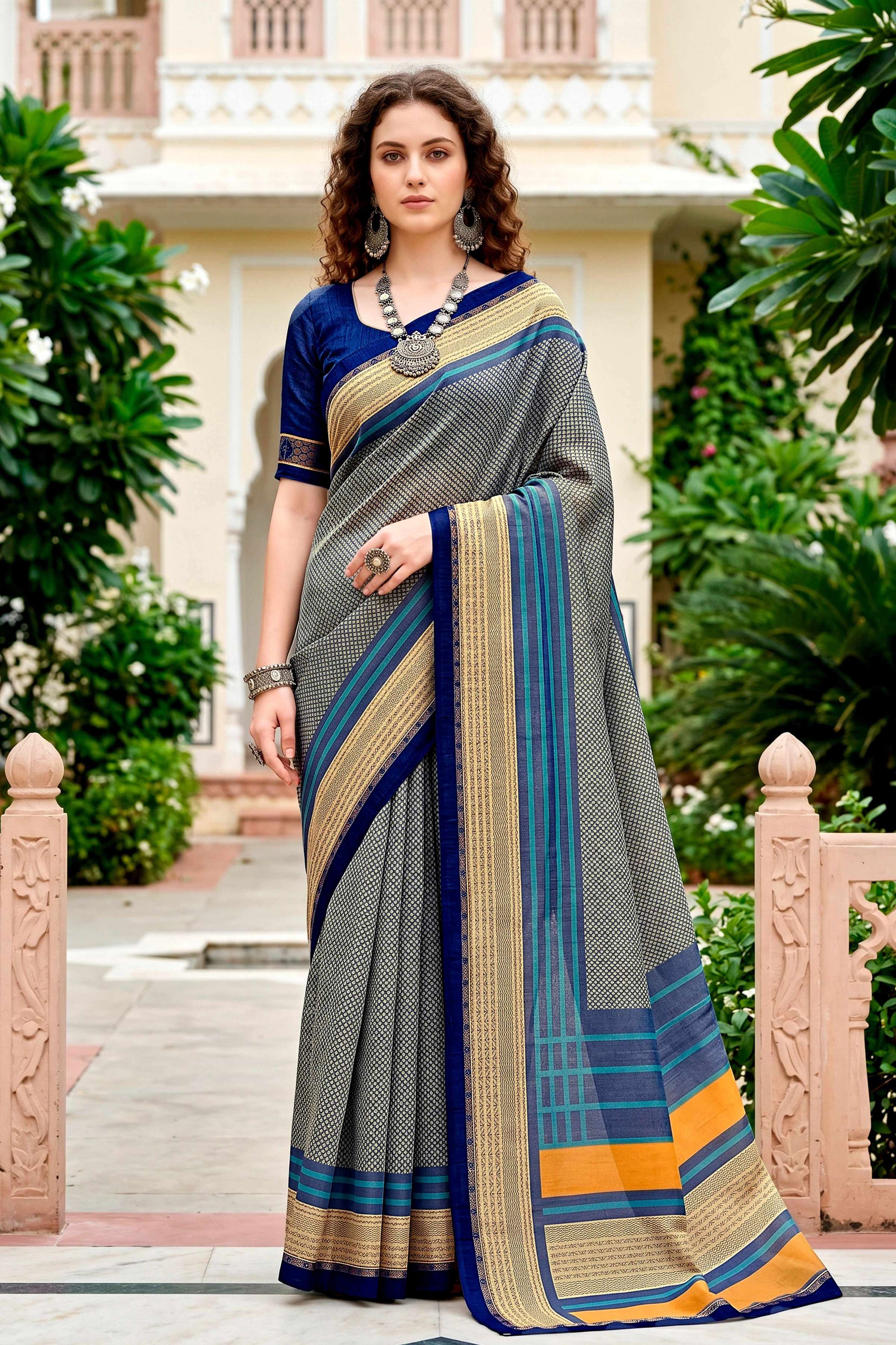 Sangam Prints Steel Grey Cotton Blend Woven Work Traditional Saree - Dista