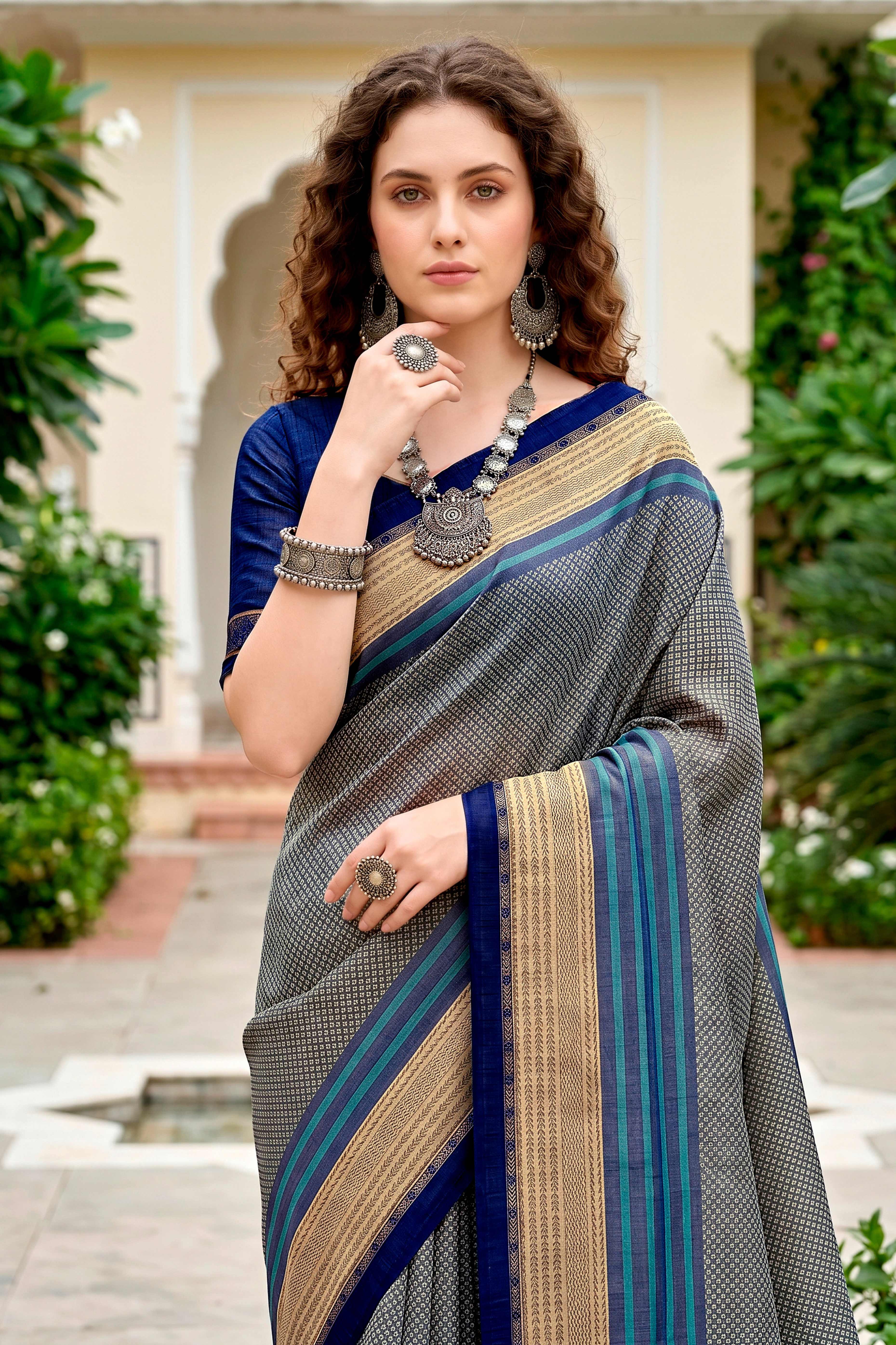 Sangam Prints Steel Grey Cotton Blend Woven Work Traditional Saree - Dista
