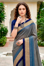 Thumbnail for Sangam Prints Steel Grey Cotton Blend Woven Work Traditional Saree - Dista