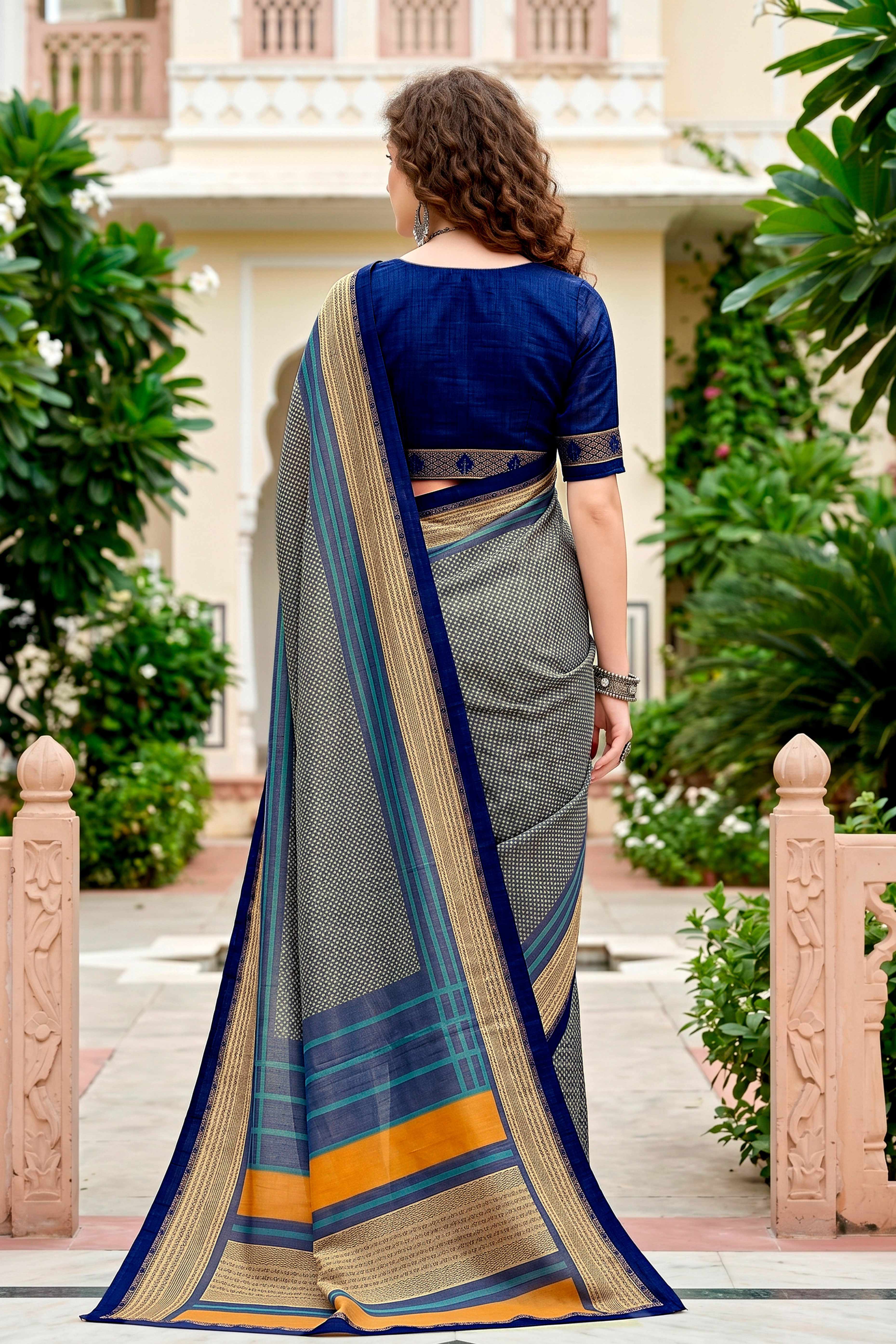 Sangam Prints Steel Grey Cotton Blend Woven Work Traditional Saree - Dista