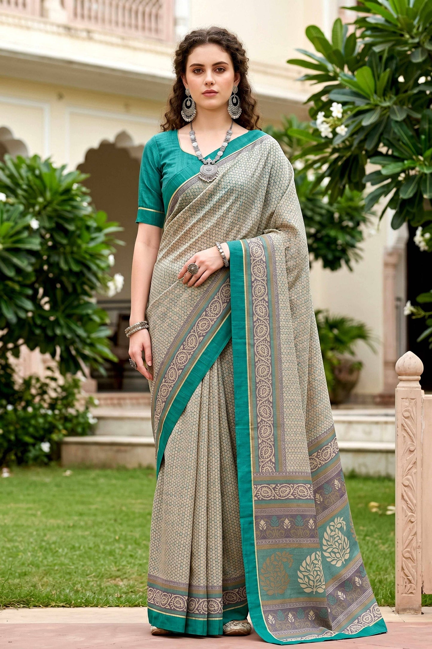 Sangam Prints Stone Grey Cotton Blend Woven Work Traditional Saree - Dista