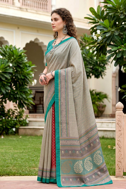 Sangam Prints Stone Grey Cotton Blend Woven Work Traditional Saree - Dista