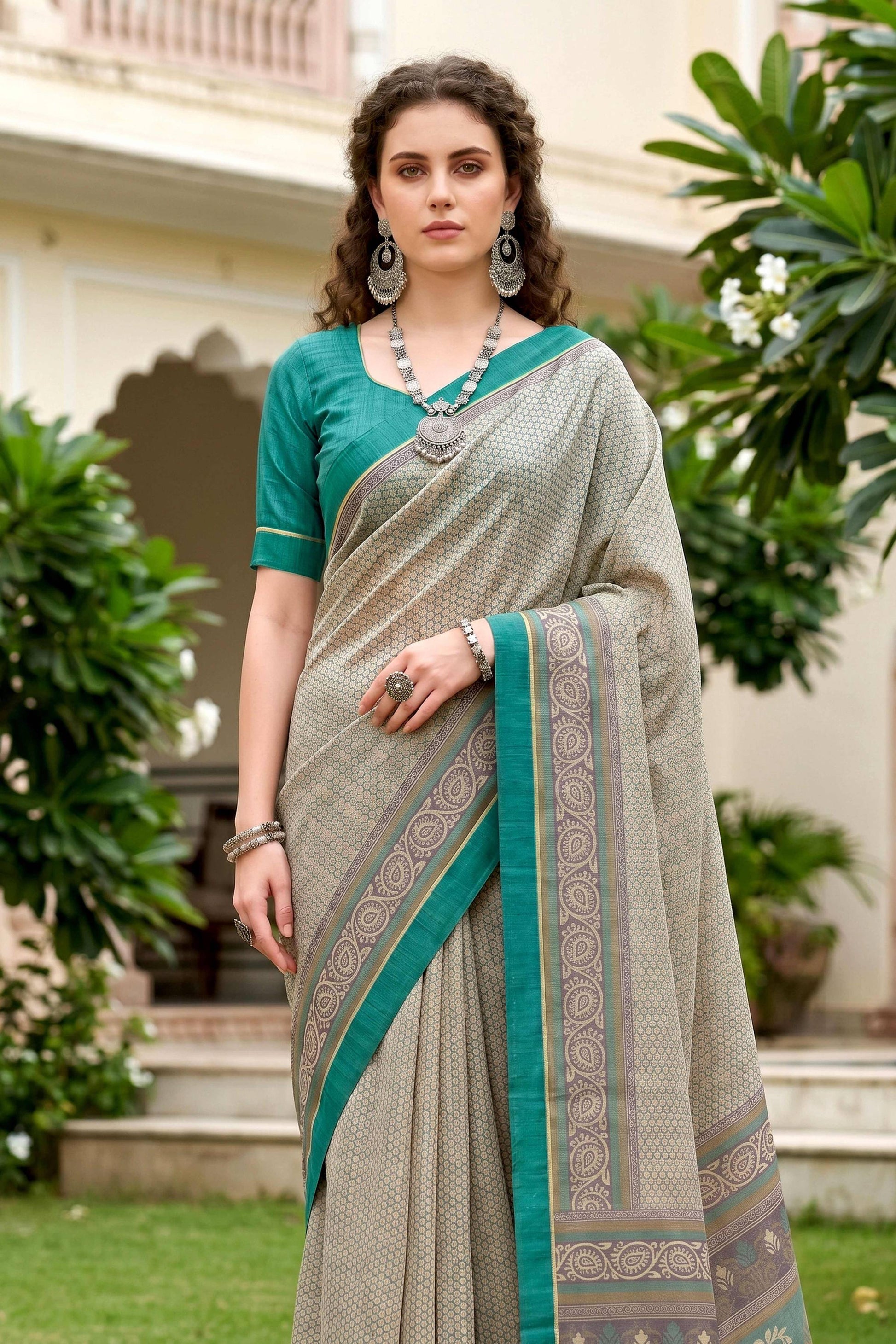 Sangam Prints Stone Grey Cotton Blend Woven Work Traditional Saree - Dista