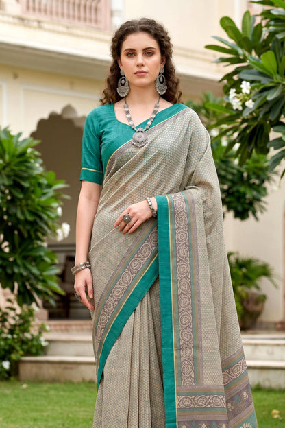 Sangam Prints Stone Grey Cotton Blend Woven Work Traditional Saree - Dista
