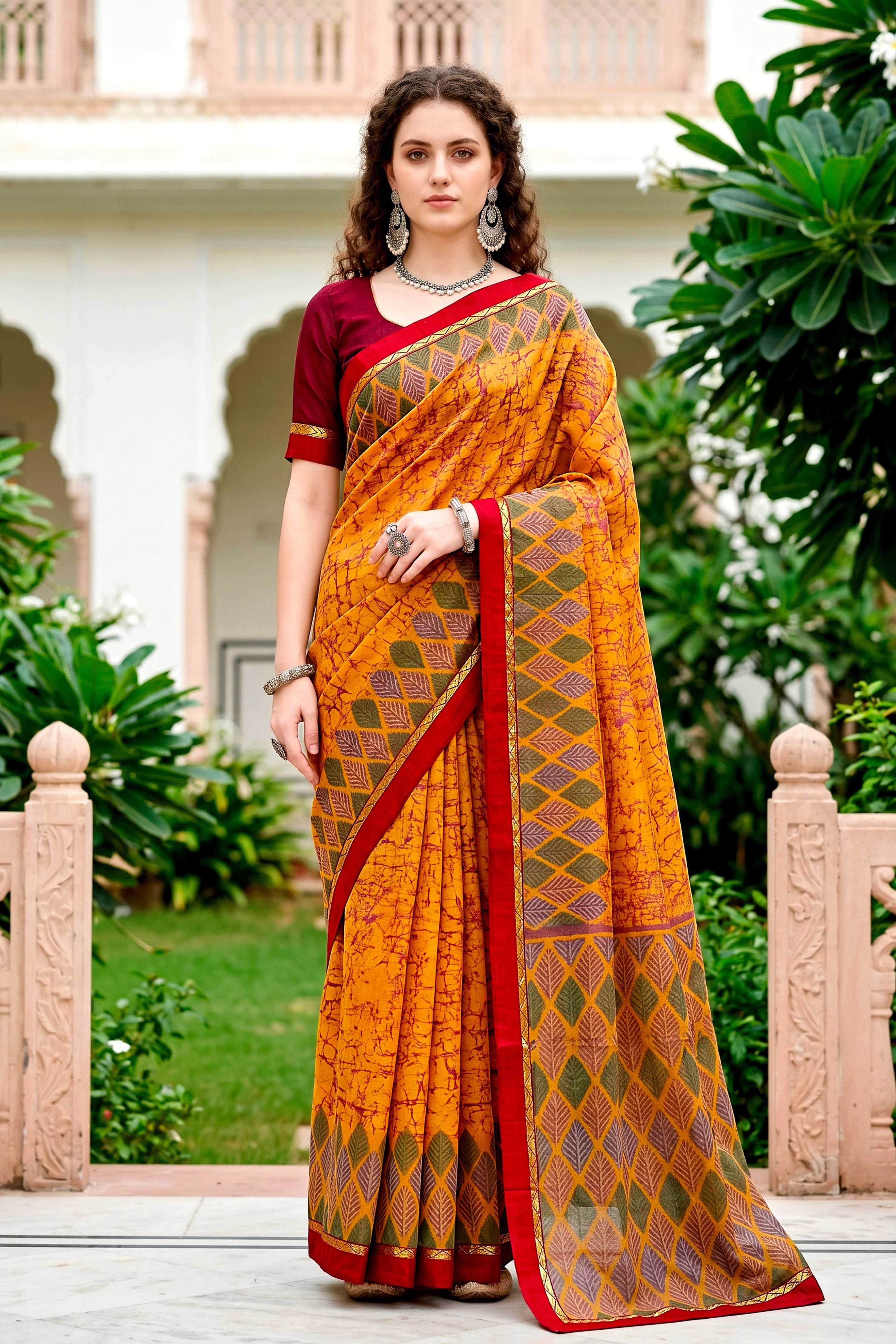 Sangam Prints Mustard Yellow Cotton Blend Woven Work Traditional Saree - Dista
