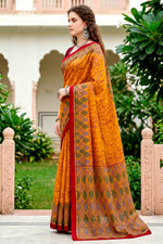 Thumbnail for Sangam Prints Mustard Yellow Cotton Blend Woven Work Traditional Saree - Dista