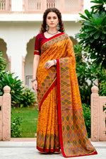 Thumbnail for Sangam Prints Mustard Yellow Cotton Blend Woven Work Traditional Saree - Dista