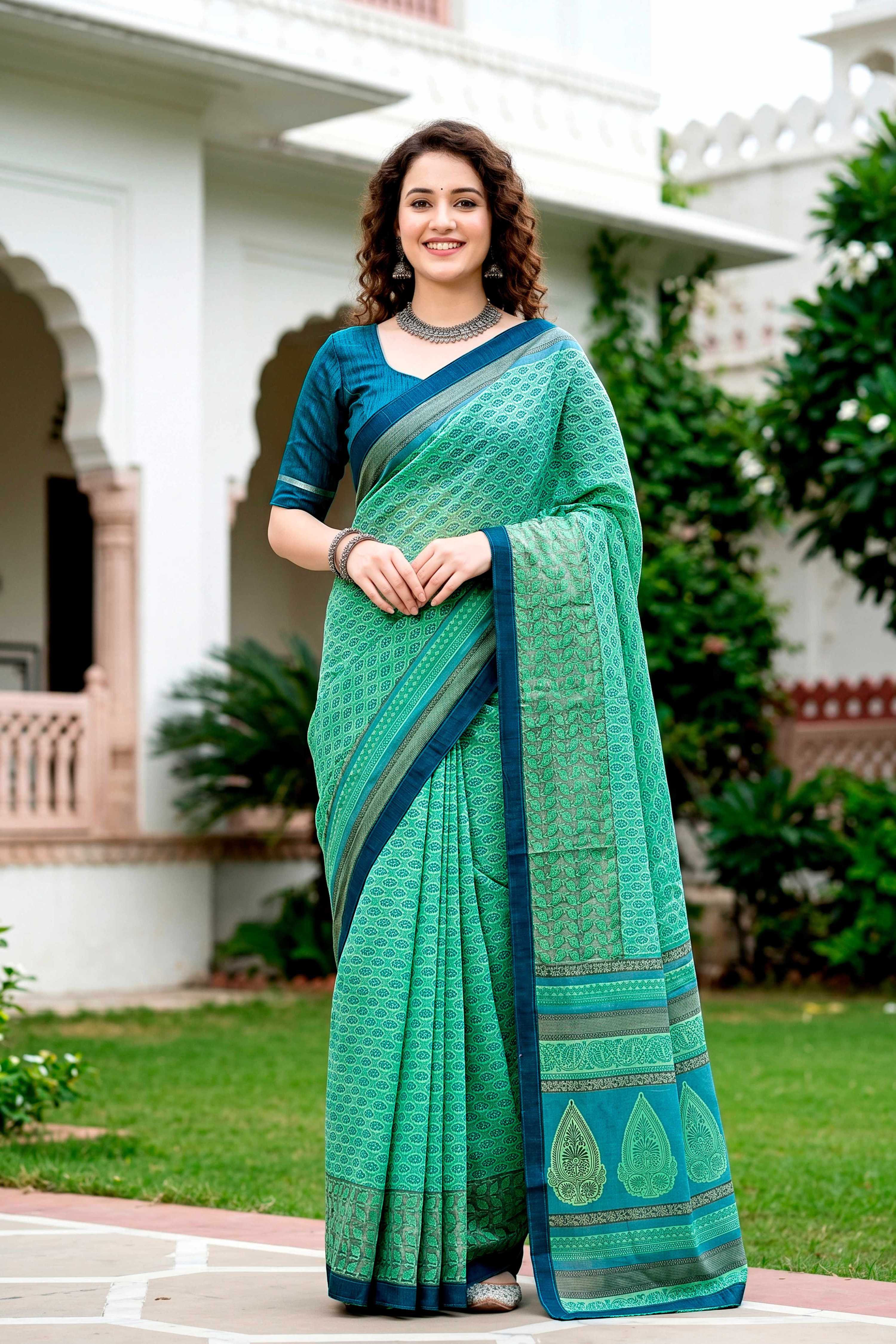 Sangam Prints Mint Green Cotton Blend Woven Work Traditional Saree - Dista