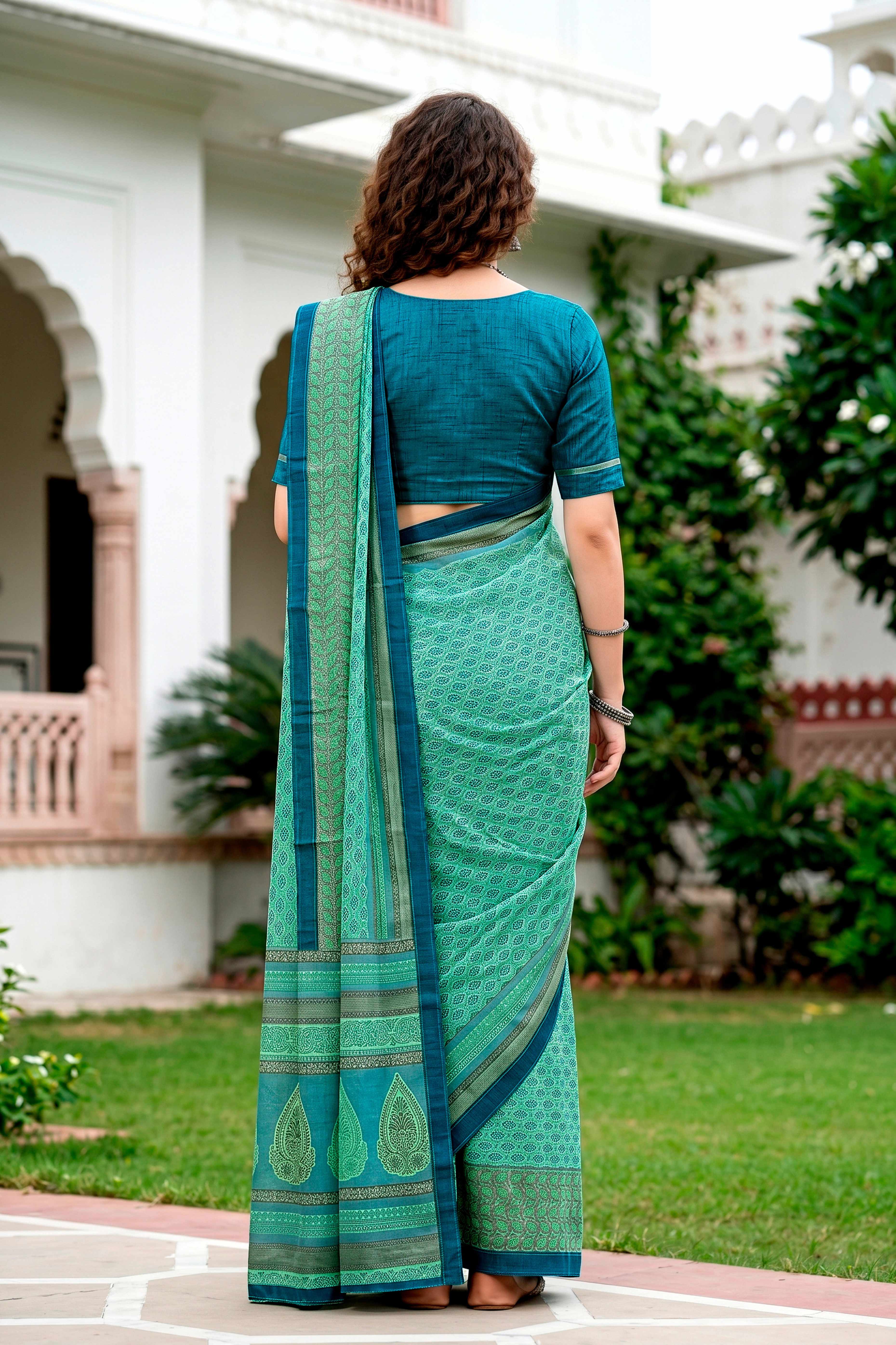 Sangam Prints Mint Green Cotton Blend Woven Work Traditional Saree - Dista