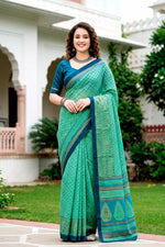Thumbnail for Sangam Prints Mint Green Cotton Blend Woven Work Traditional Saree - Dista