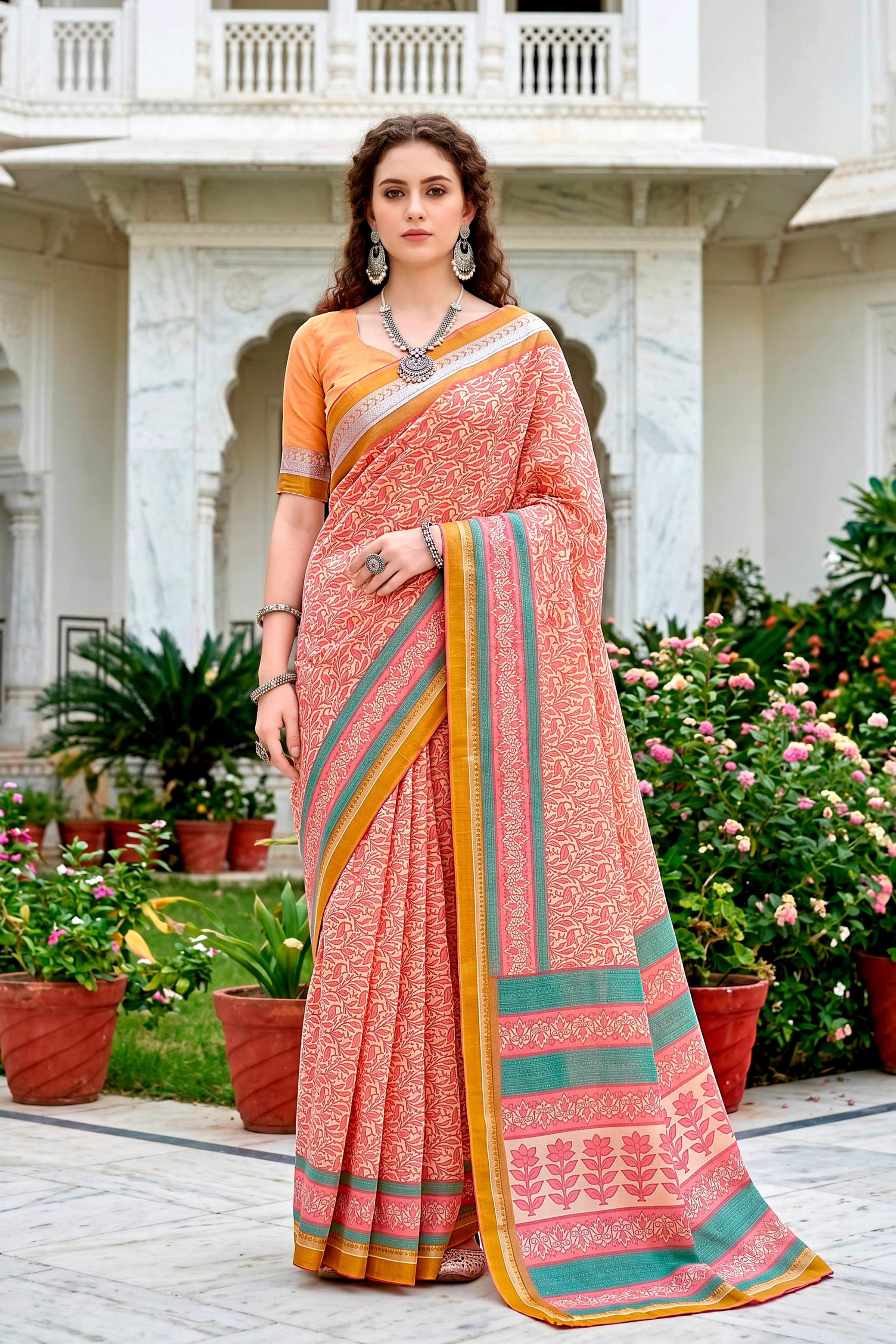 Sangam Prints Peach Pink Cotton Blend Woven Work Traditional Saree - Dista