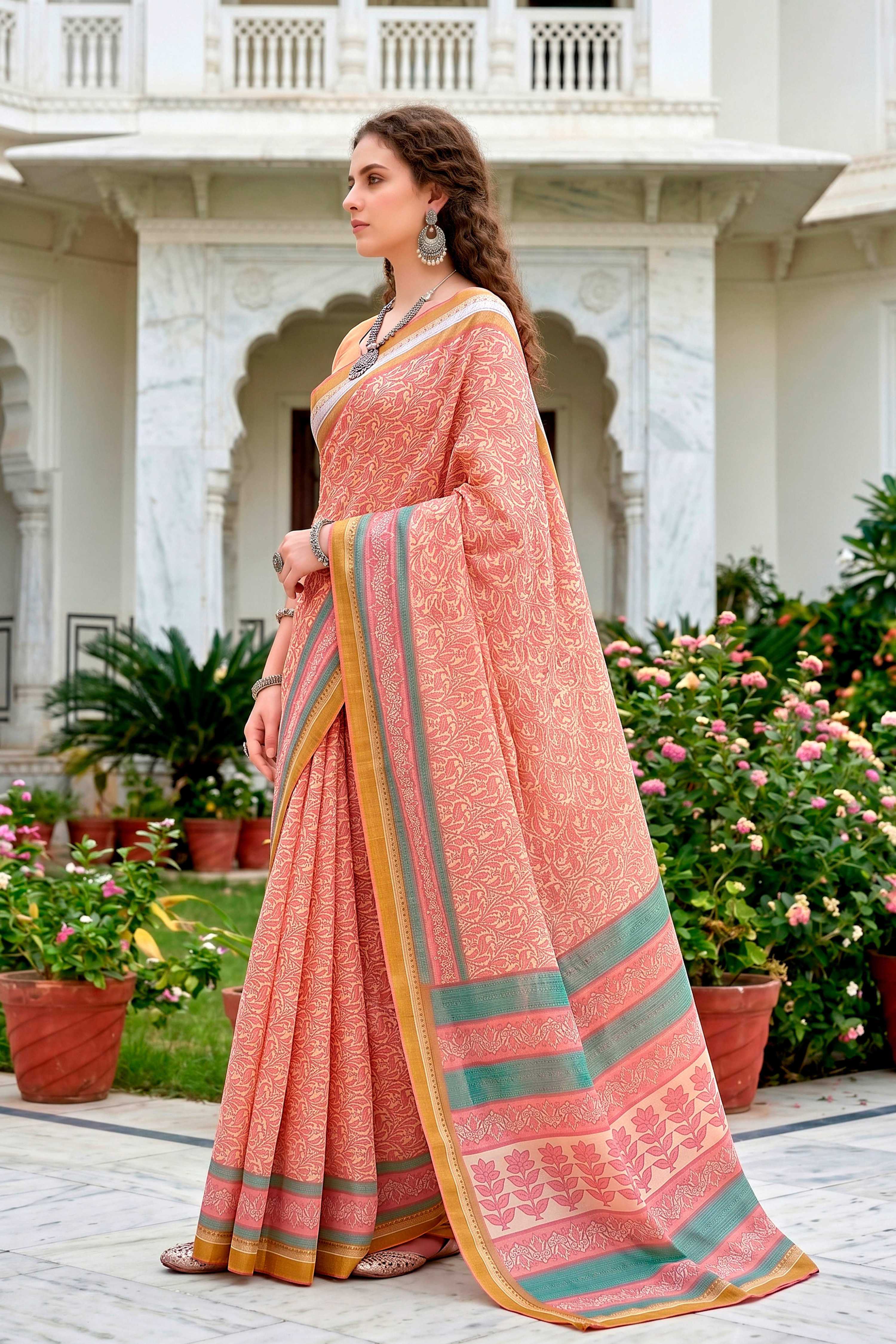 Sangam Prints Peach Pink Cotton Blend Woven Work Traditional Saree - Dista