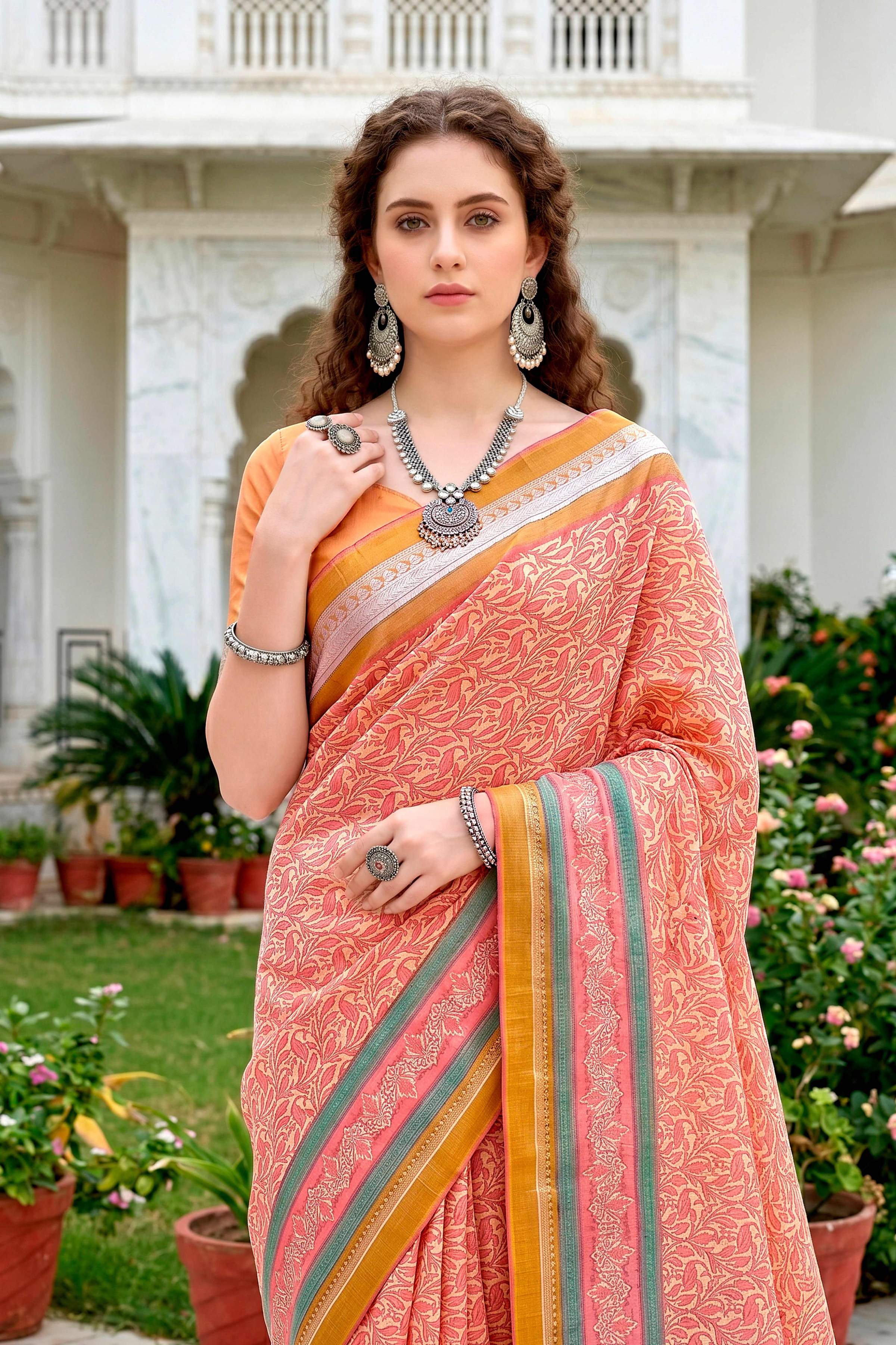 Sangam Prints Peach Pink Cotton Blend Woven Work Traditional Saree - Dista
