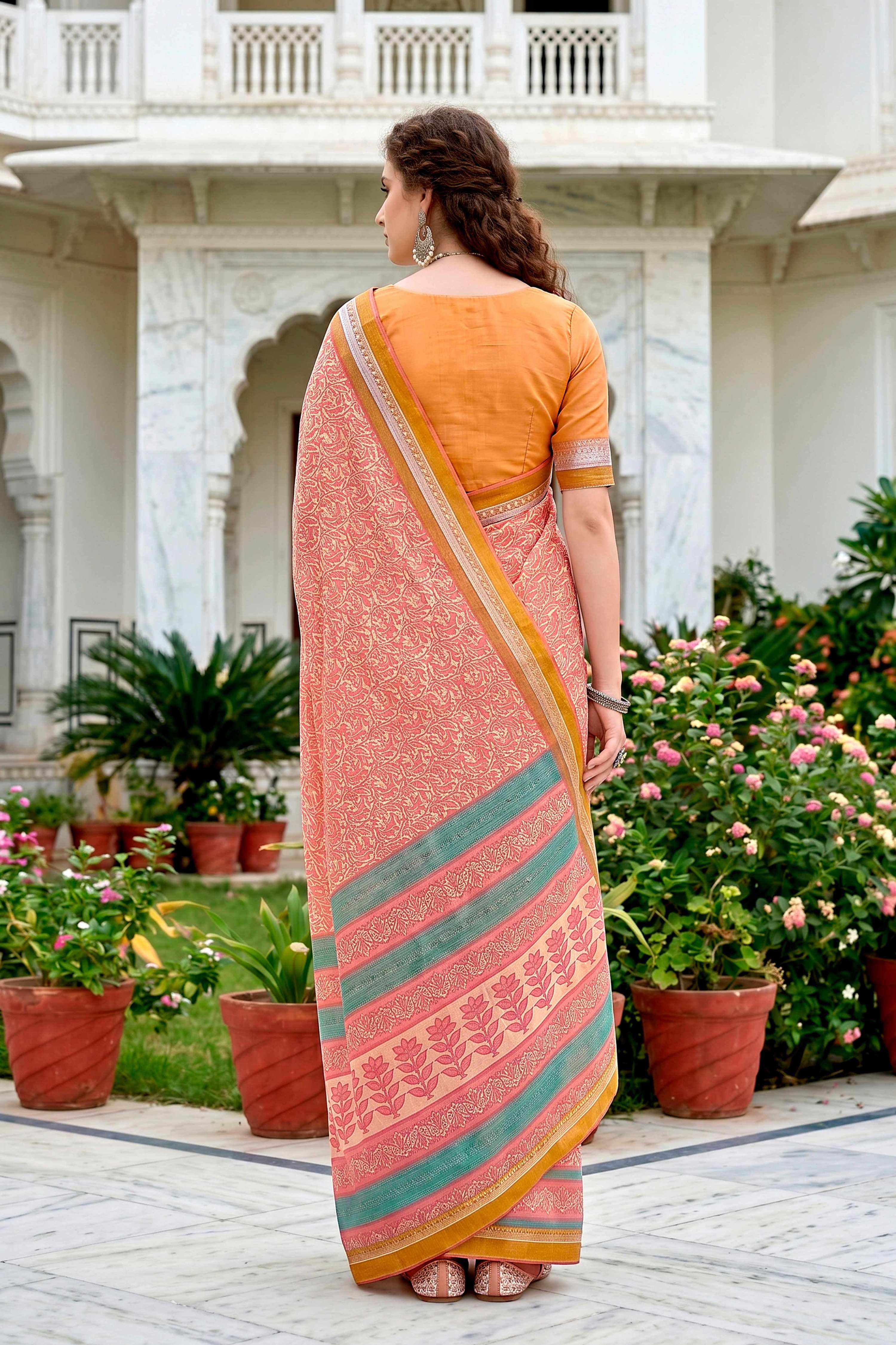 Sangam Prints Peach Pink Cotton Blend Woven Work Traditional Saree - Dista