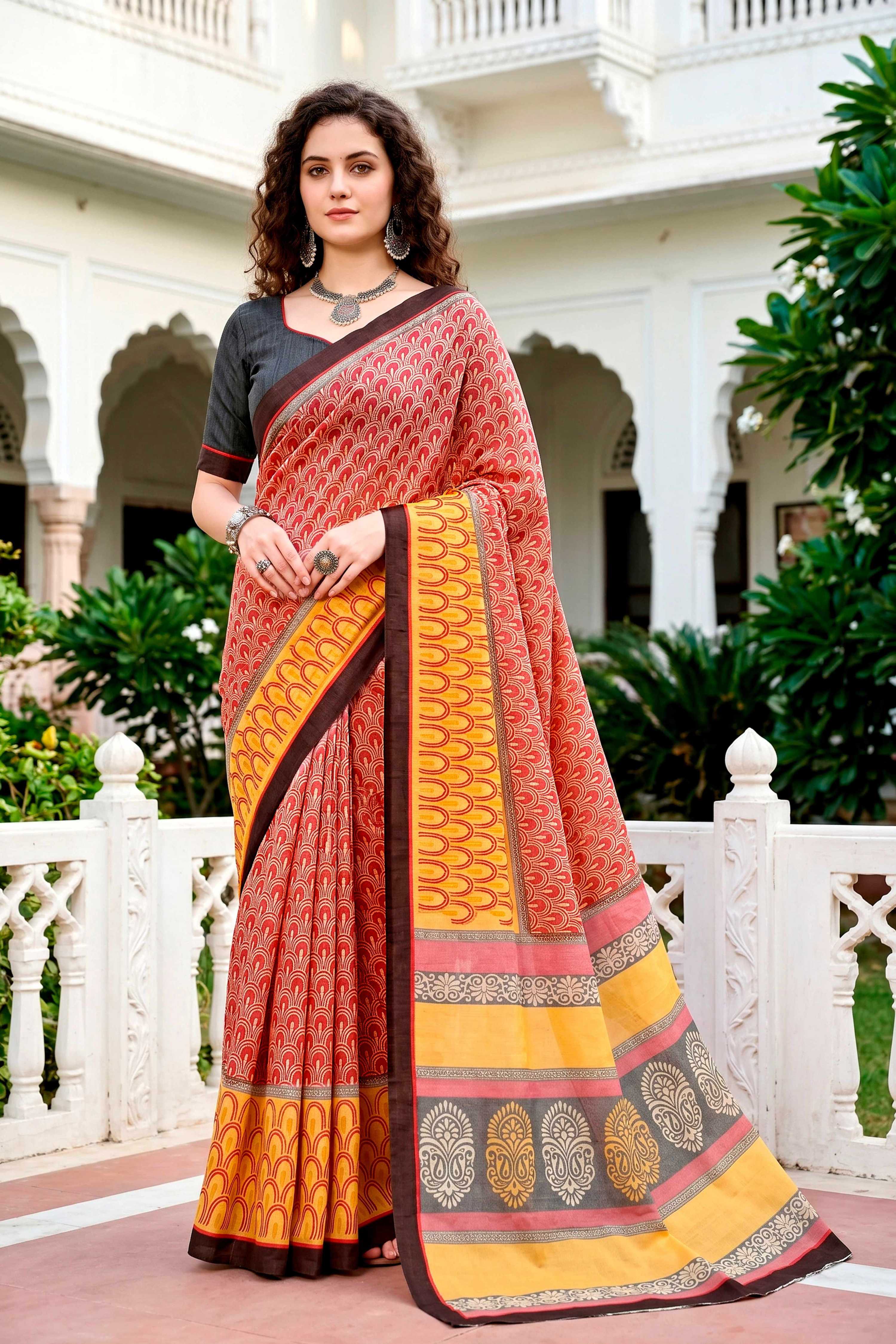 Sangam Prints Brick Red Mustard Cotton Blend Woven Work Traditional Saree - Dista