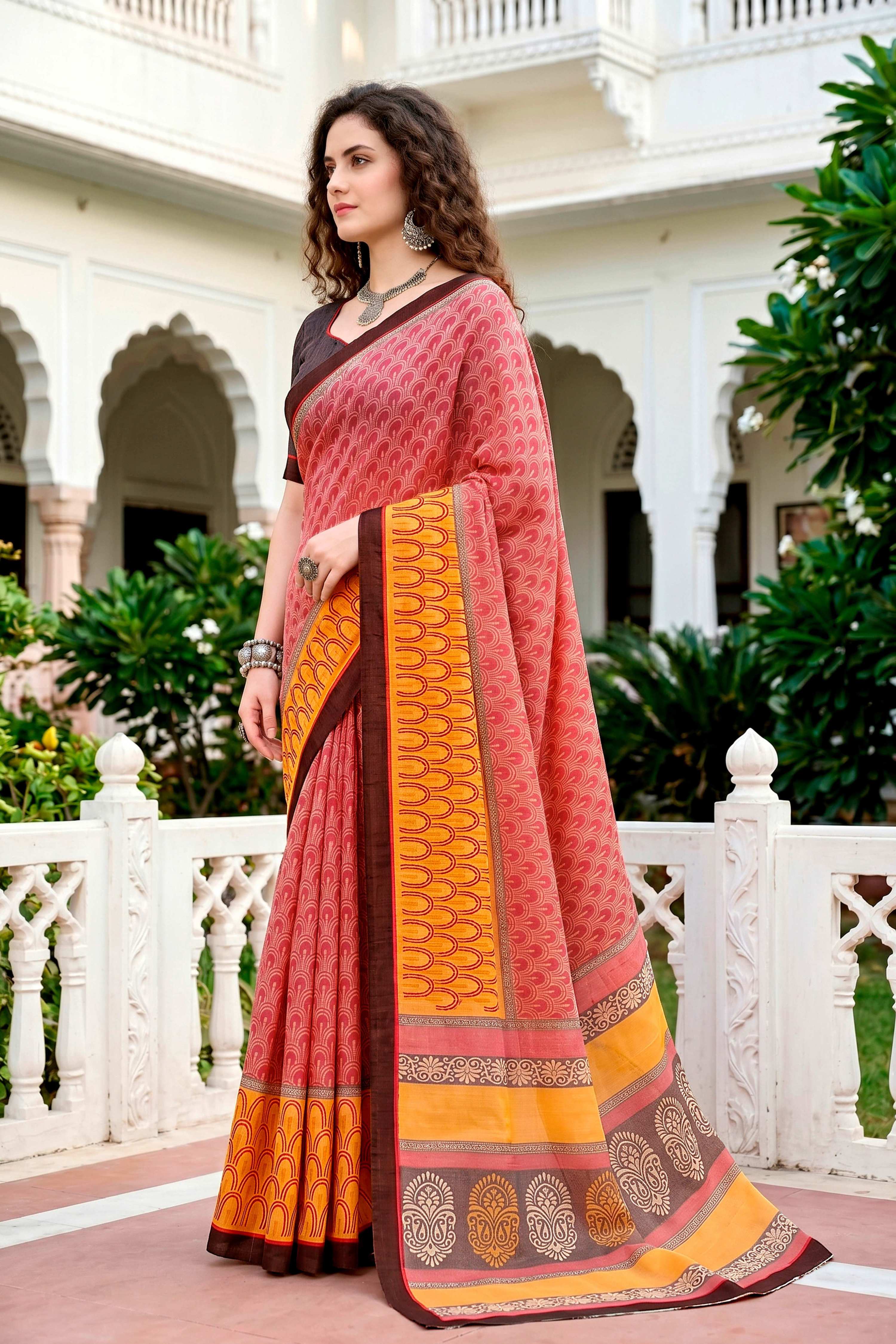 Sangam Prints Brick Red Mustard Cotton Blend Woven Work Traditional Saree - Dista